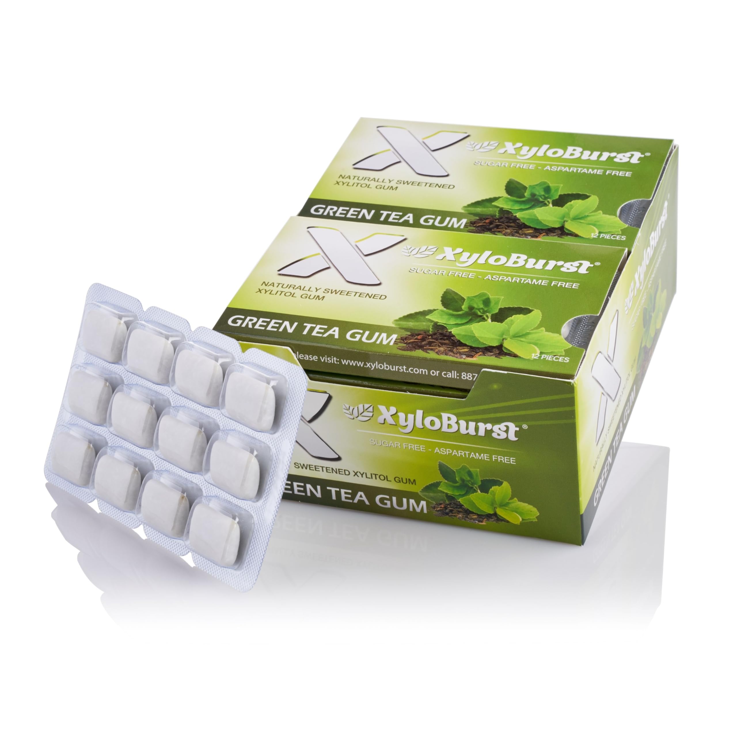XyloBurst Xylitol Chewing Gum - Sugar Free, Gluten Free, Keto Friendly, Aspartame Free Gum for Oral Health & Fresh Breath - Green Tea Flavor - 12 Pieces (Pack of 12) - Perfect for Travel, Office & Daily Freshness