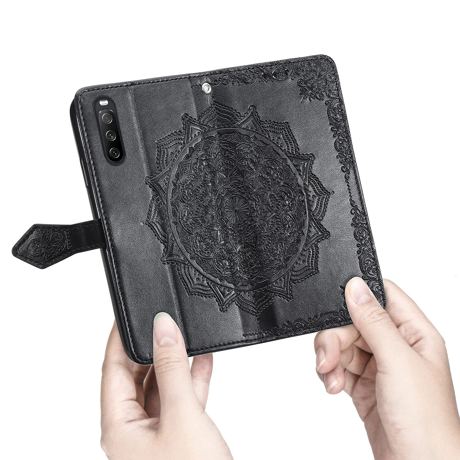 Sony Xperia 10 III Leather Phone Case with Mandala Embossing, Card Slots, Kickstand & Lanyard - Horizontal Flip Wallet Case for Protection & Style | Perfect for Daily Use, Travel & Business Meetings