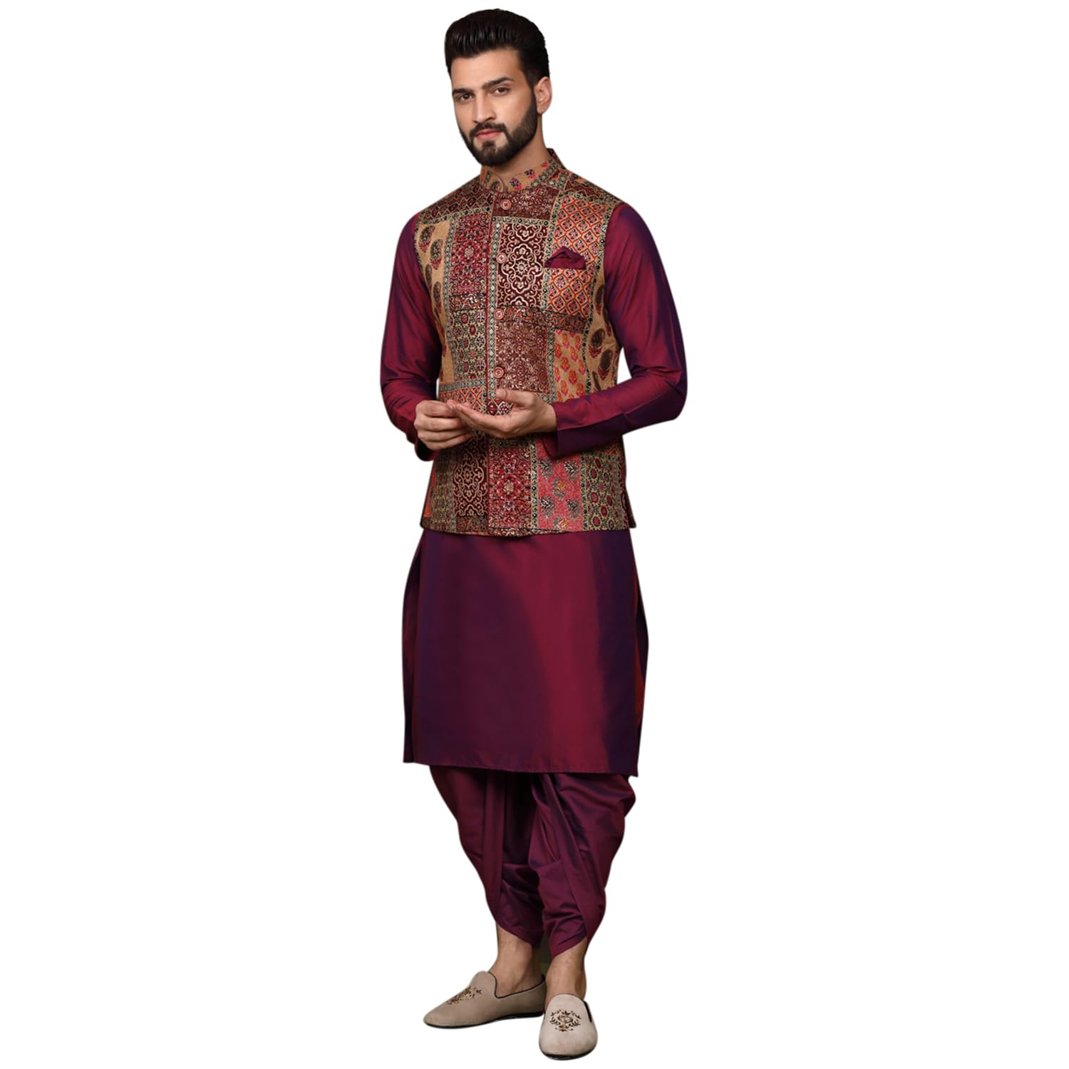 Men's Kurta Dhoti Pants Jacket Set - Cotton Blend Printed Majenta Indian Traditional Wear for Wedding, Festival & Cultural Events | Comfortable Ethnic Outfit for Men