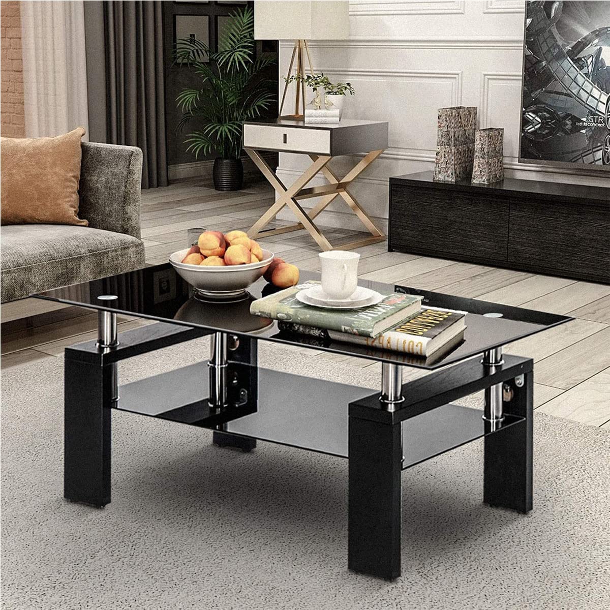 Modern Glass Coffee Table with Lower Shelf - Sturdy Steel Legs, Rectangle Design for Living Room, Office & Lounge - Black