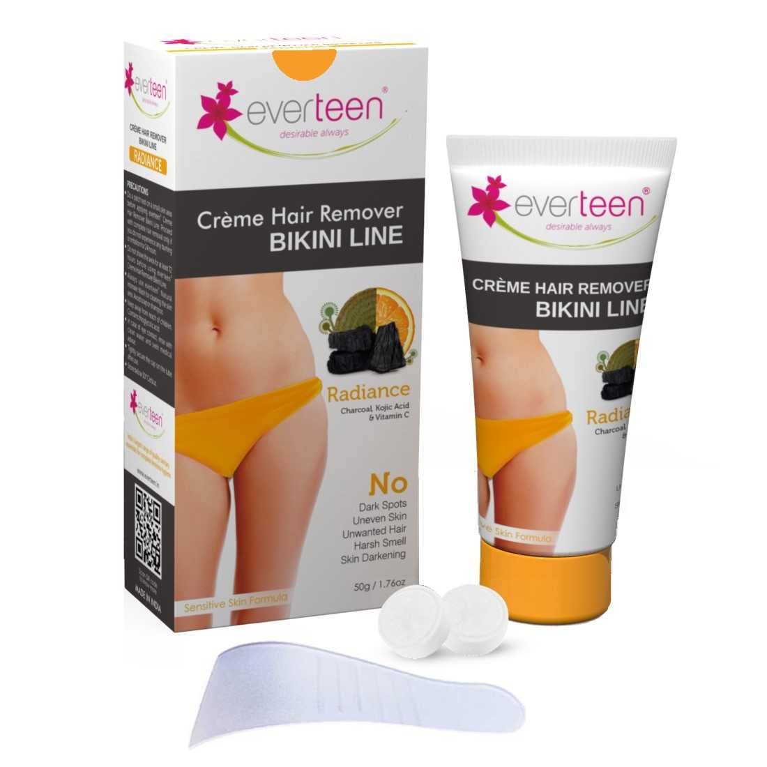 Everteen Radiance Bikini Line Hair Removal Cream with Activated Charcoal, Kojic Acid & Vitamin C - 50g | Painless Hair Remover for Women | Smooth Skin for Bikini, Underarms & Legs
