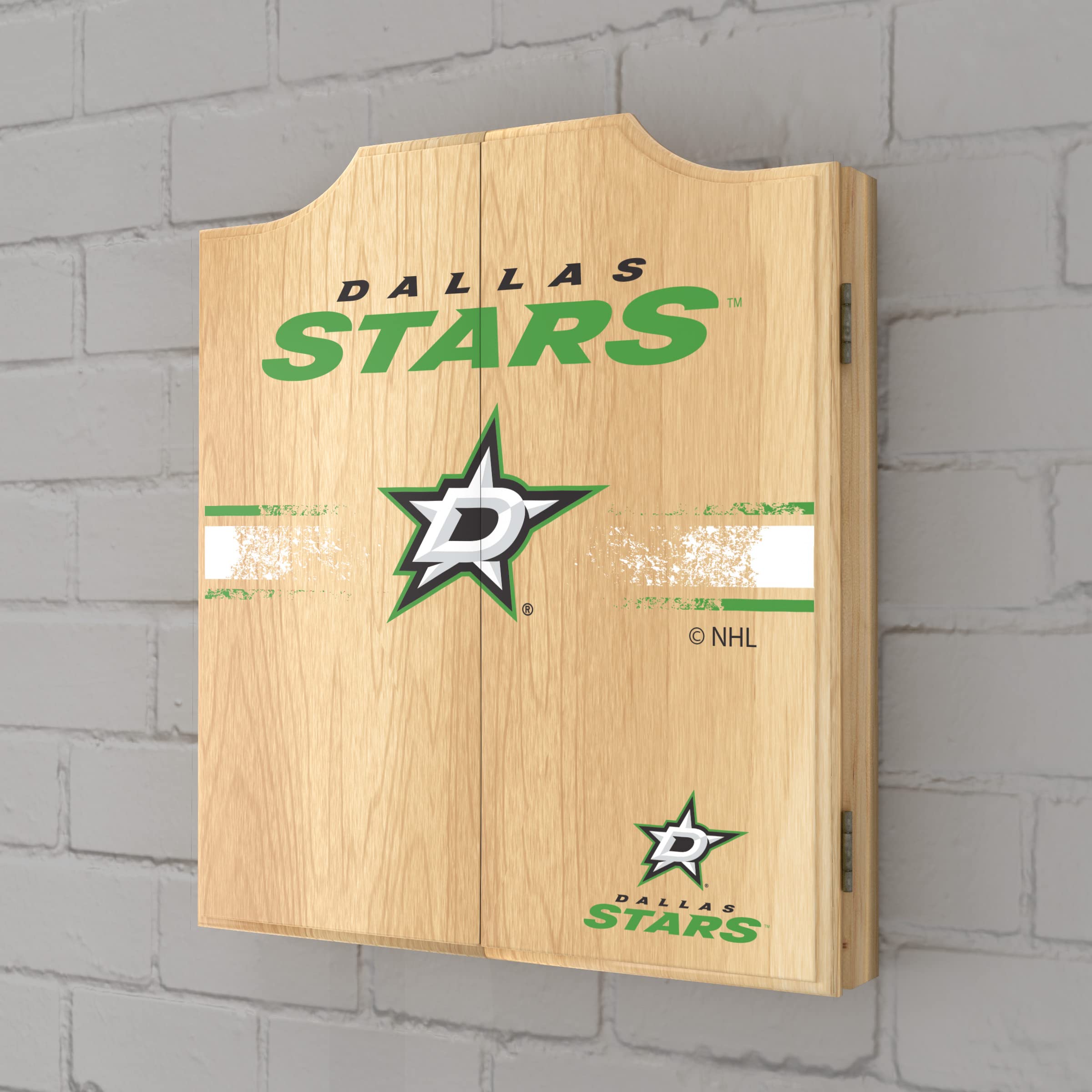 Dallas Stars Logo Dartboard Cabinet Set with 6 Steel Tip Darts, Scoreboard & Wooden Hanging Cabinet - Professional Bristle Dart Board for Game Room, Bar, or Man Cave - Perfect for Sports Fans & Home Entertainment