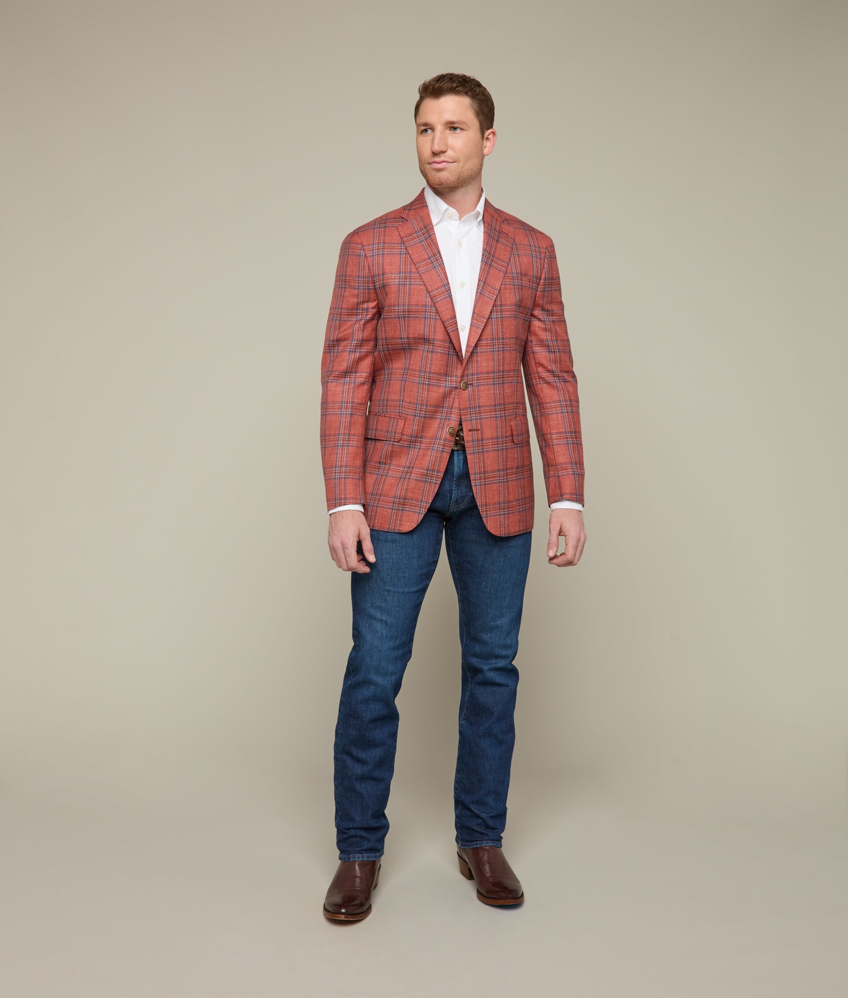 Lucchese Men's Rust & Blue Plaid Sport Coat - Premium Wool Blazer for Business, Office & Formal Occasions