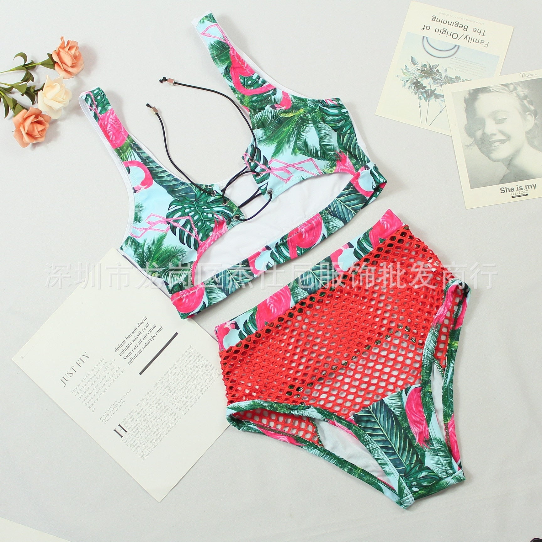 Sexy High Waist Bikini Set with Hollow Mesh Print - Brazilian Swimwear for Women | Perfect for Beach Vacation, Pool Party & Summer Getaways