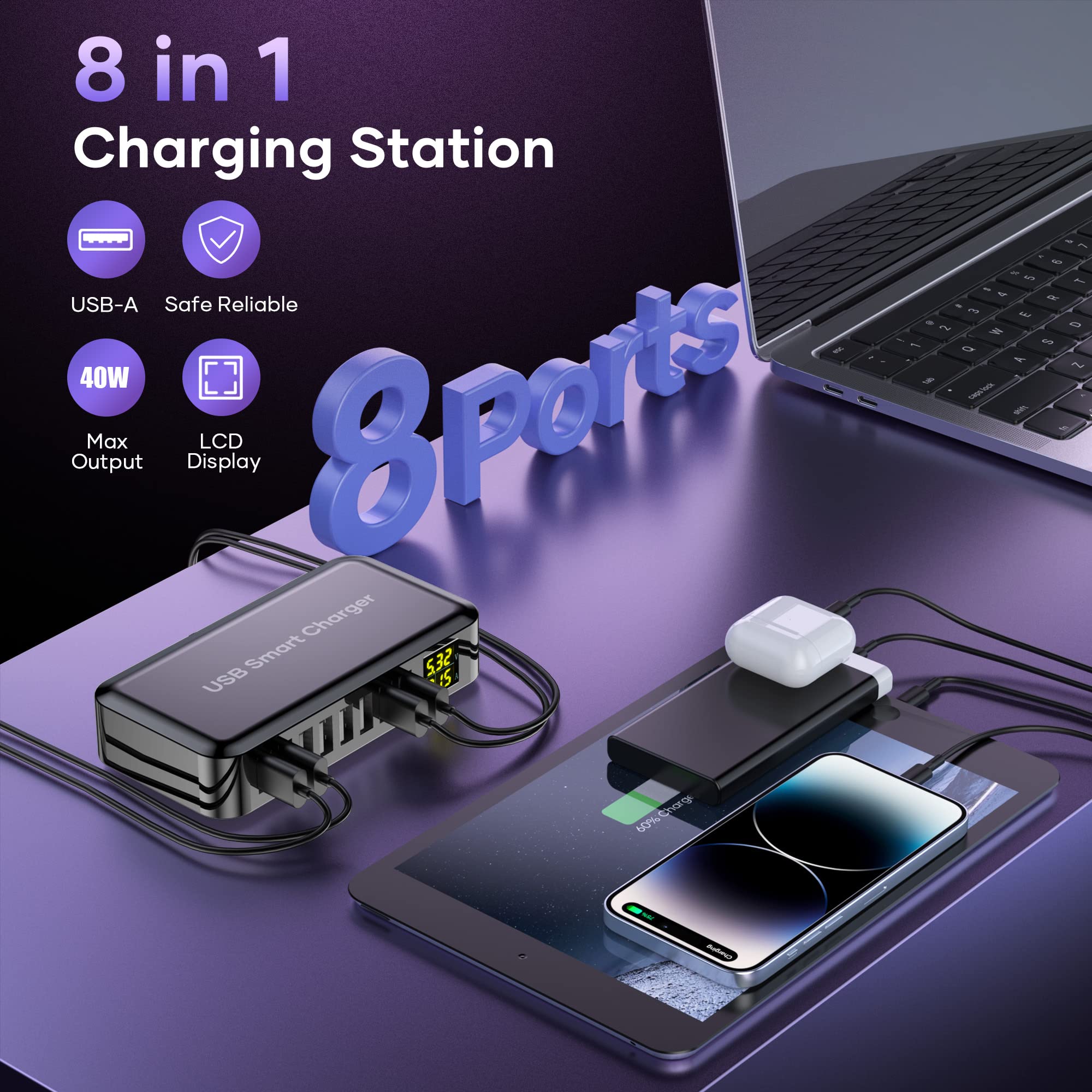 Zestiq 8-Port USB Charging Station with LCD Display - Fast Charger Block for iPhone 15/14/13/12, Samsung Galaxy S24/S23/S22/S21, Google Pixel - Multi-Device Charging Hub for Home, Office & Travel
