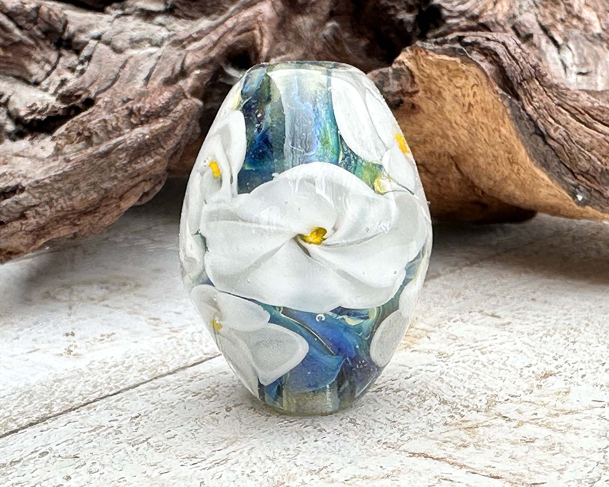 Handmade White Floral Lampwork Glass Focal Bead - SRA Certified Artisan Jewelry Component for Necklaces, Bracelets & DIY Crafting