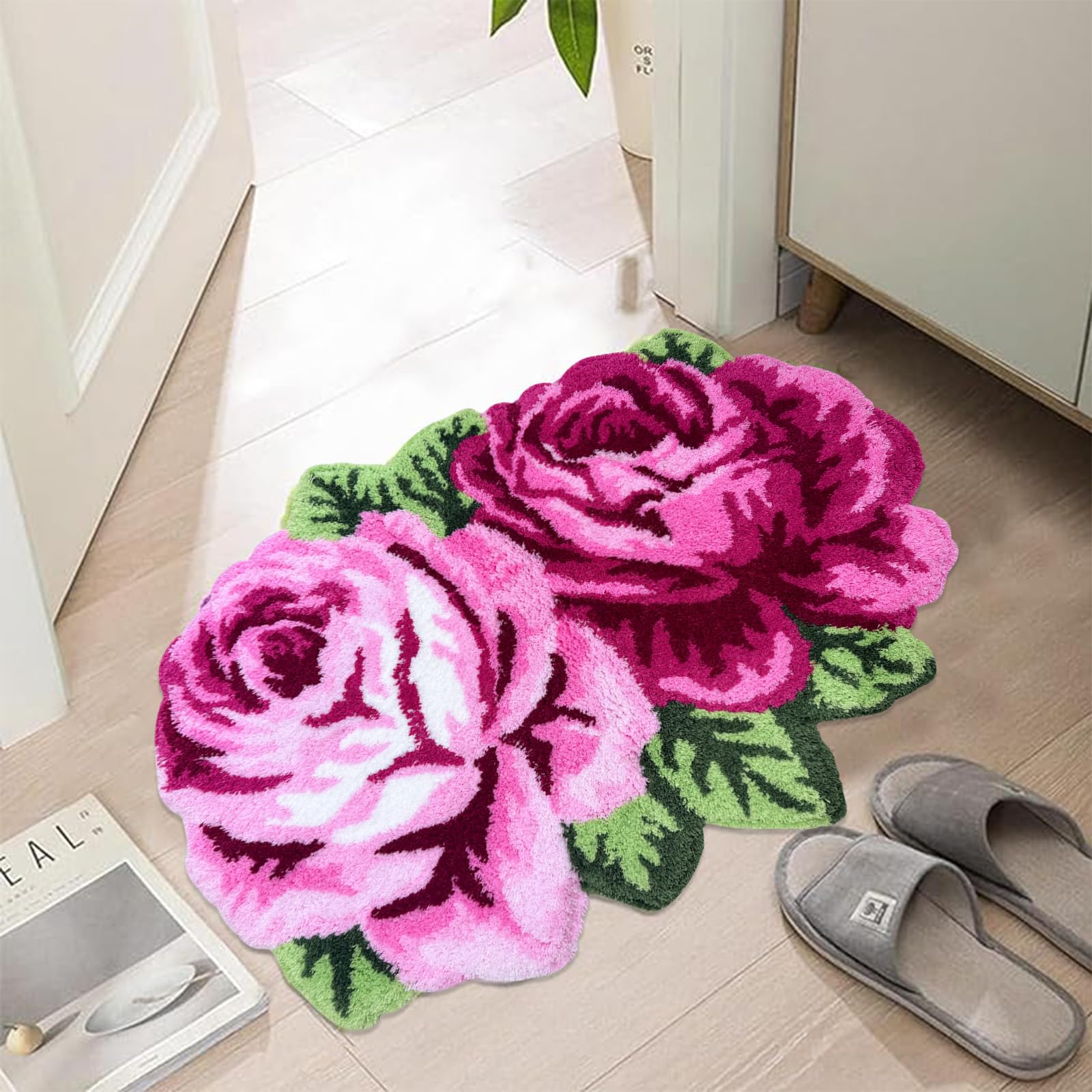 USTIDE Pink Rose Rug - Handmade Romantic Non-Slip Floral Carpet for Bathroom, Living Room & Bedroom - Soft Small Area Rug (1.97FTx2.3FT) - Perfect for Boho Decor, Nursery, Dorm Room & Cozy Home Accent