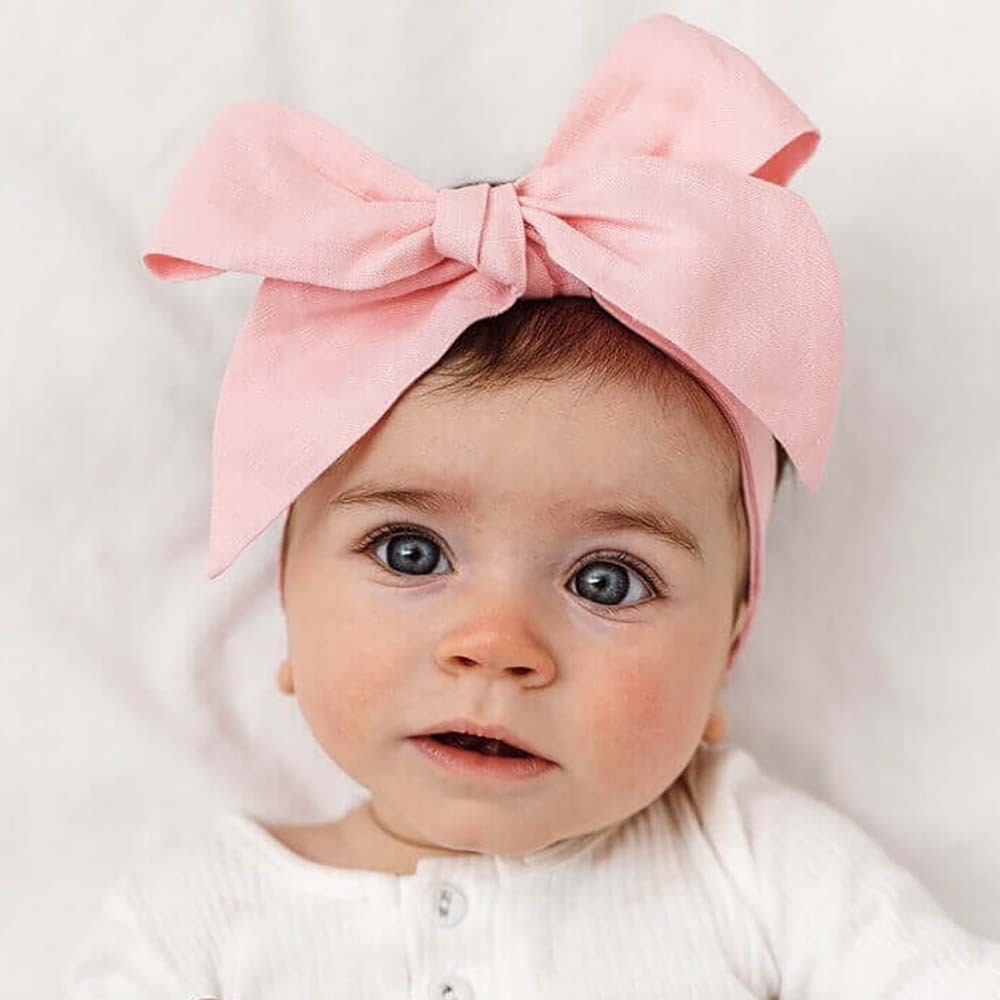 Snuggle Hunny Linen Bow Pre-Tied Headband for Babies - Soft Baby Pink Head Wrap for Newborns & Toddlers - Perfect for Photos, Gifts & Everyday Wear