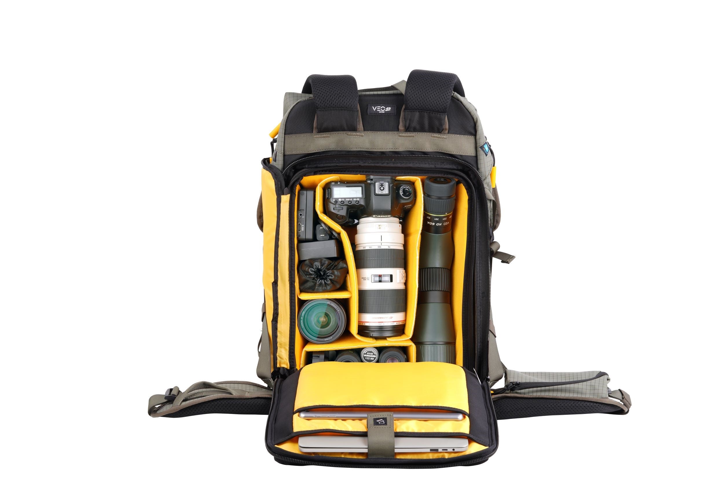 VEO Active 49 Khaki Green Camera Backpack with USB Charger Port - Waterproof DSLR Bag for Travel, Hiking & Photography Accessories Storage