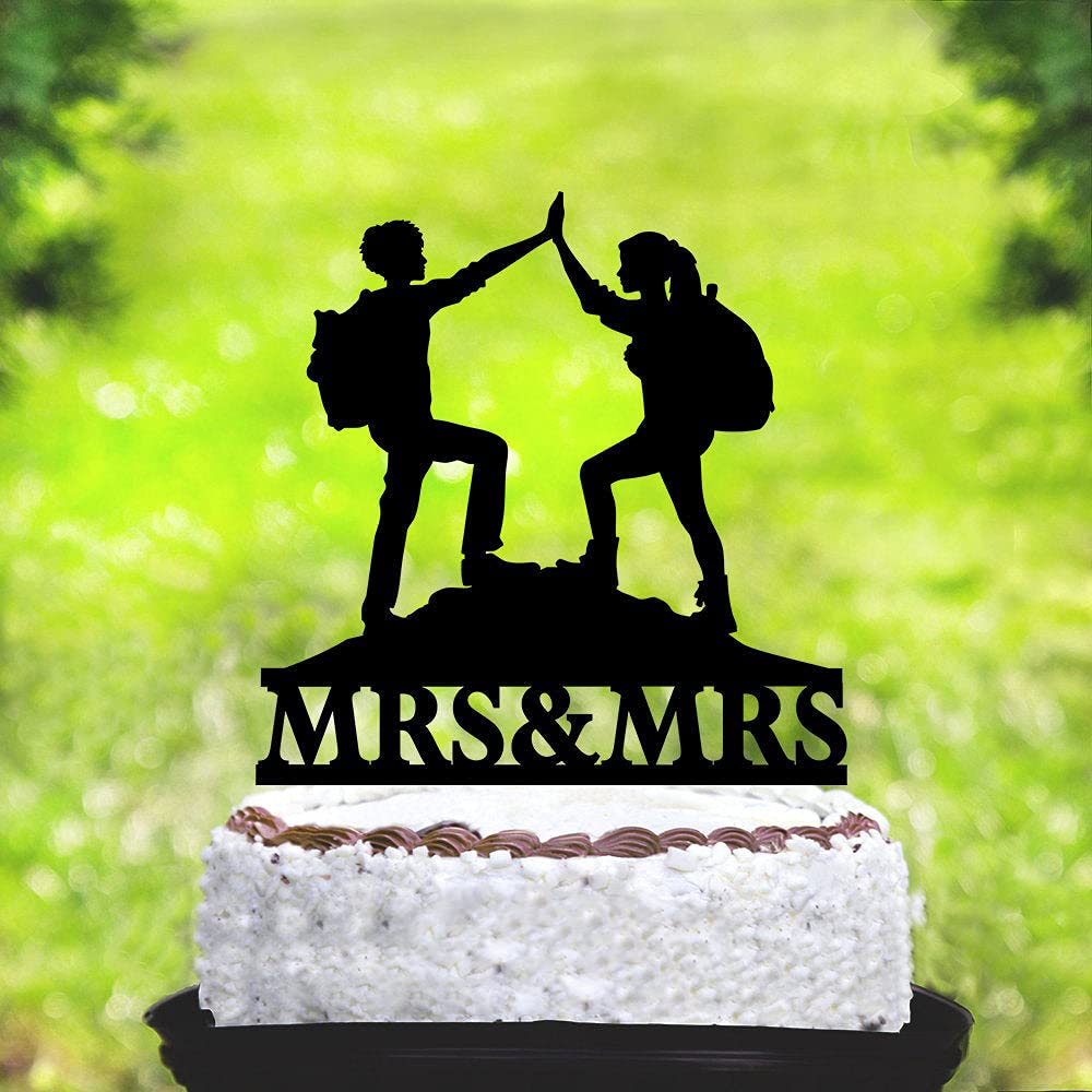 Customized Mountain Climbers Cake Topper - Personalized Mrs & Mrs Wedding Cake Decoration for Lesbian Couples | Perfect for Same-Sex Weddings, Anniversary Celebrations & Romantic Dessert Displays