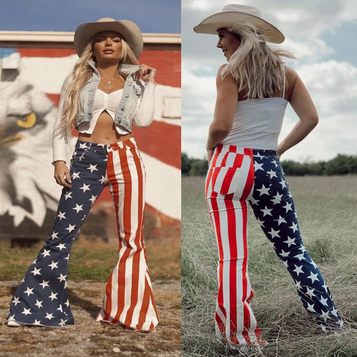 Vintage American Flag Bell Bottom Jeans for Women - Retro 70s Style High Waisted Flared Pants - Perfect for 4th of July, Concerts & Boho Fashion