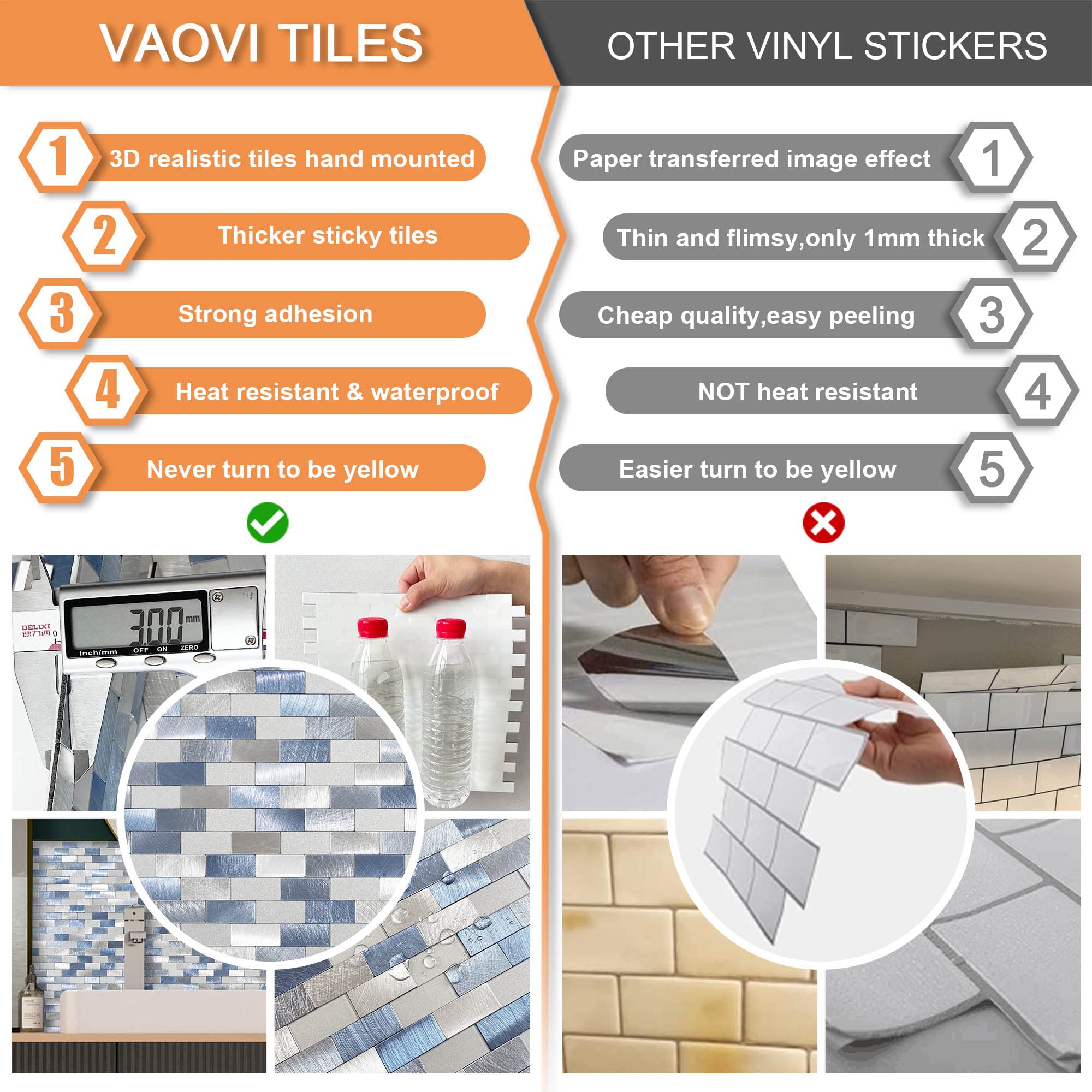 VAOVI Peel and Stick Backsplash Tiles - Waterproof Self-Adhesive Wall Stickers for Kitchen & Bathroom (5 Tiles, Blue) | Easy DIY Home Decor for Backsplashes, Accent Walls & Rental Upgrades