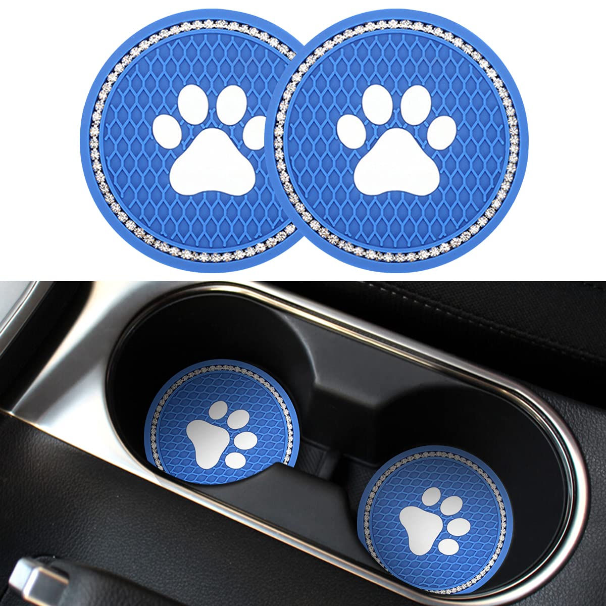 2PCS Universal Rhinestone Car Cup Coasters - Sparkling Dog Paw Design Car Accessories, 2.75 Inch Non-Slip Cup Holder Insert Mat Pad Set for Most Vehicles (Dark Blue) - Perfect for Protecting Car Interior from Spills & Adding Stylish Decor
