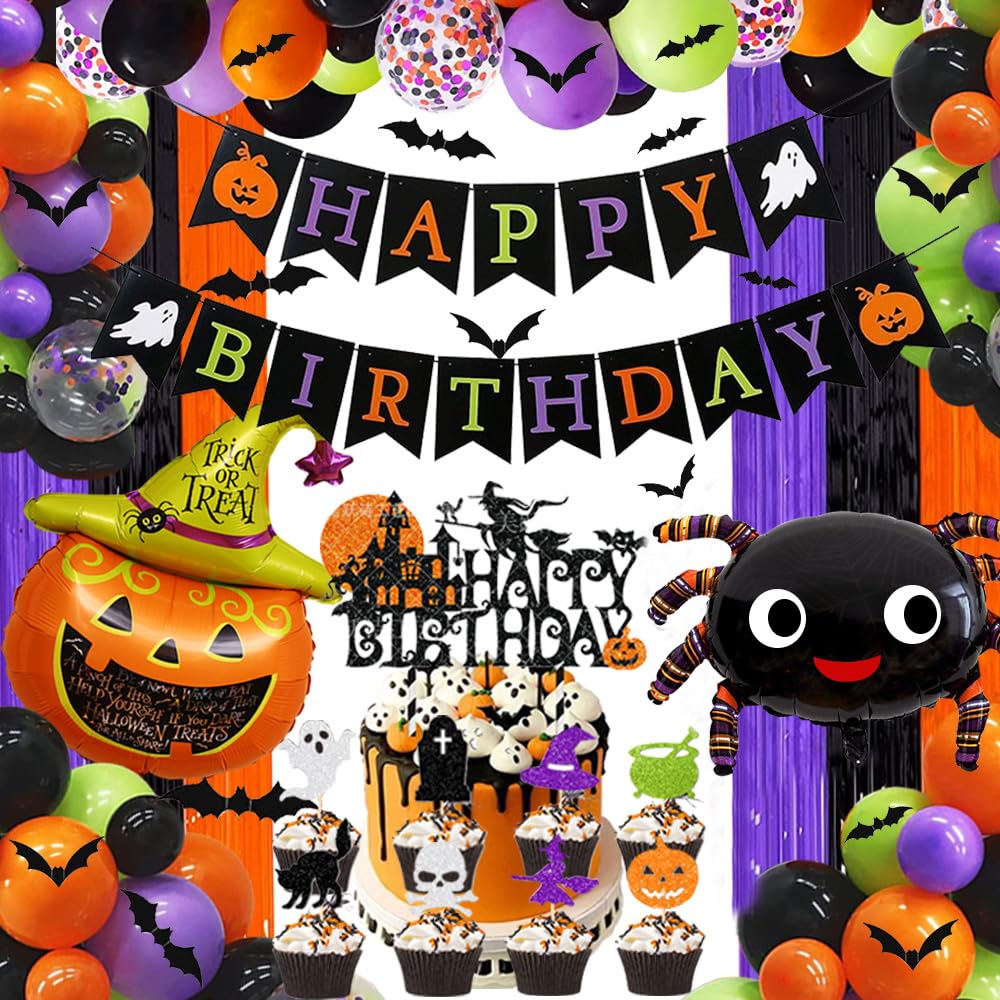 Halloween Birthday Party Decorations Set - Happy Birthday Halloween Banner, Balloons, Cake Topper & Fringe Curtain for Spooky Birthday Celebrations - Perfect for Halloween Themed Parties, Home Decor & Festive Gatherings