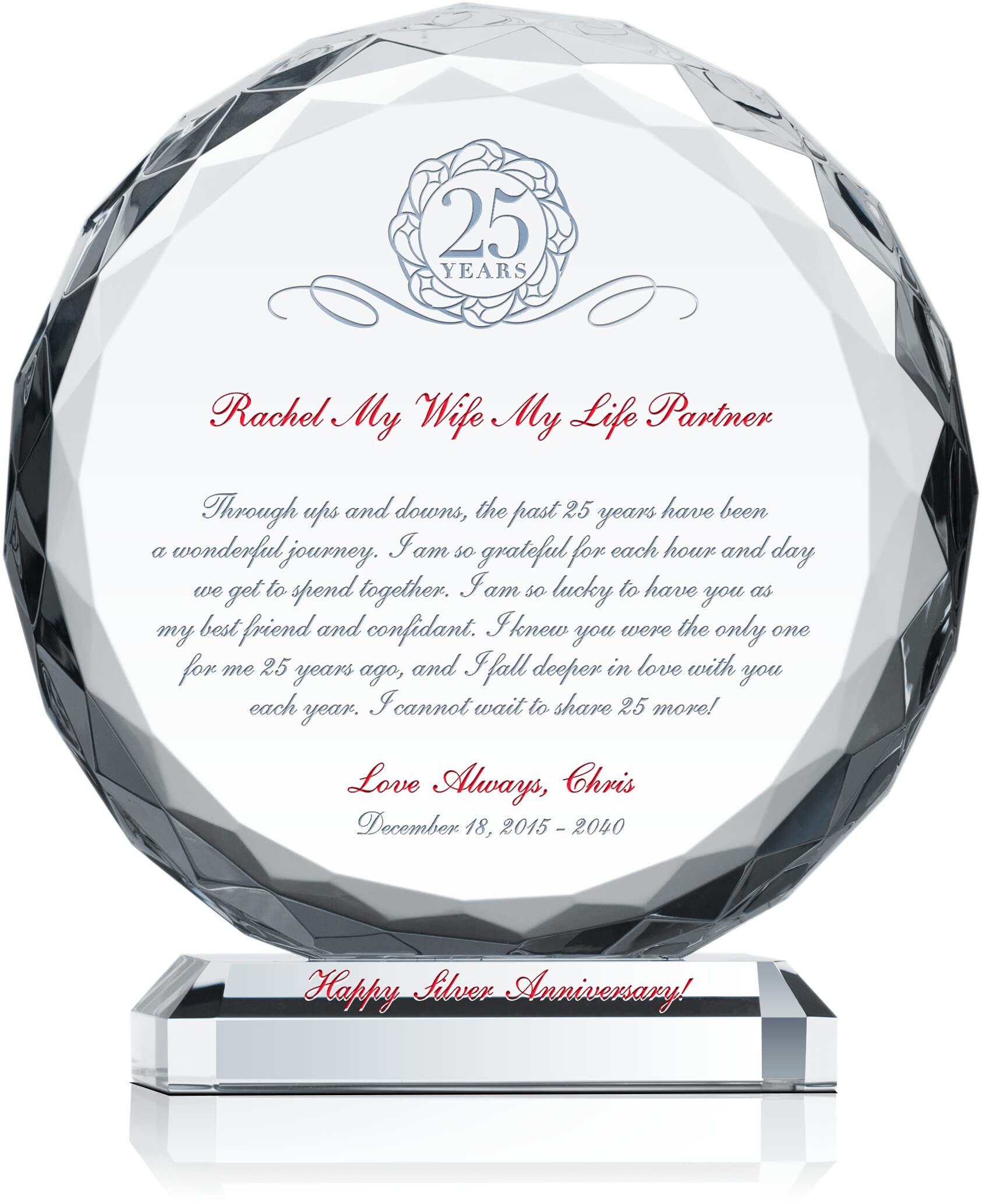 Personalized 25th Wedding Anniversary Gift for Him or Her - Custom Engraved with Spouse Names & Date - Unique Silver Anniversary Gift for Husband or Wife (8 Inch) - Perfect for Romantic Celebrations, Vow Renewals & Milestone Memories