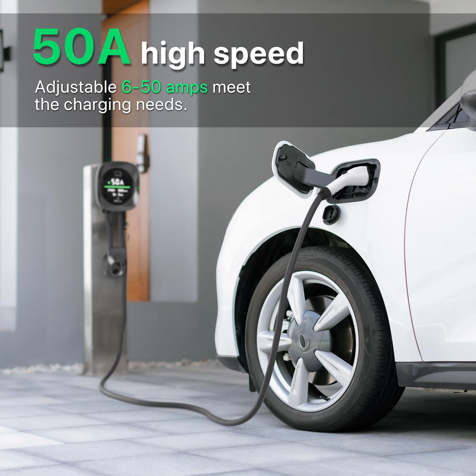 Smart WiFi Level 2 EV Charger 50 Amp - 240V J1772 Home Electric Vehicle Charging Station with App Control (NEMA 14-50 Plug/Hardwire) - Perfect for Home & Garage Charging