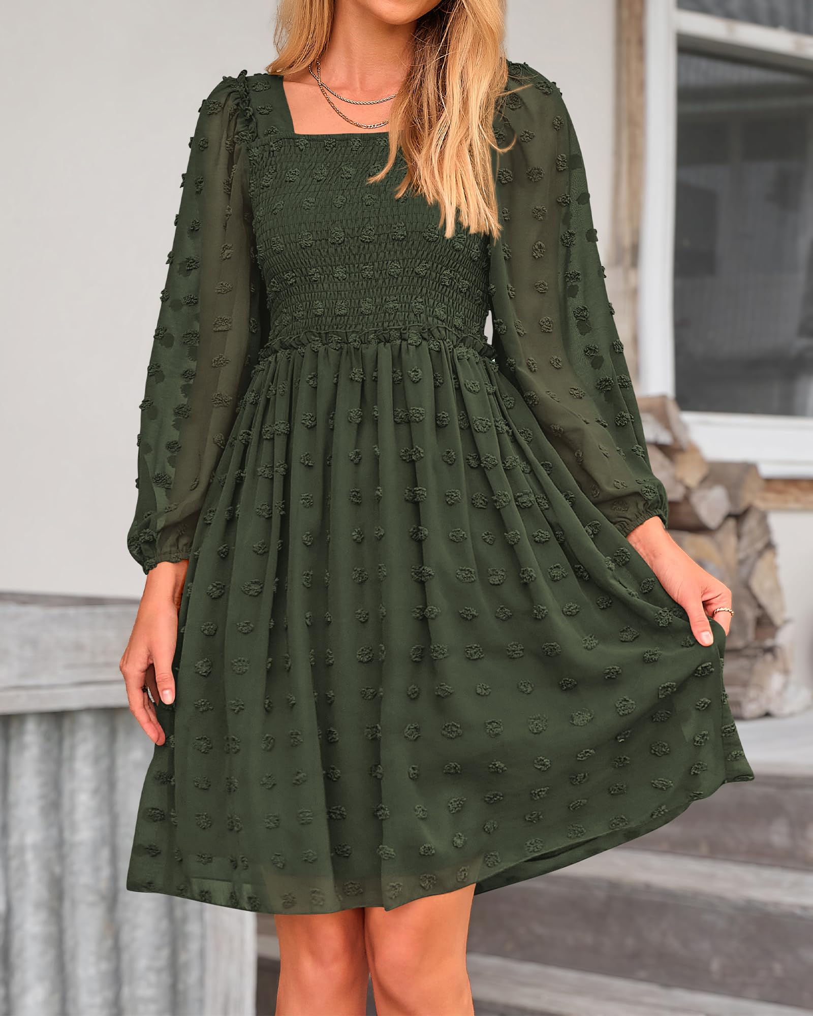 BTFBM Women's Floral Swiss Dot Smocked Mini Dress - Square Neck Long Sleeve Boho Wedding Guest Dress for Spring Summer 2025 | Perfect for Garden Parties, Bridal Showers & Date Nights