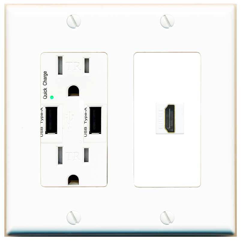RiteAV Custom HDMI Wall Plate with 1 Port & USB Charger - White - Home Theater & Office Setup for Clean Cable Management
