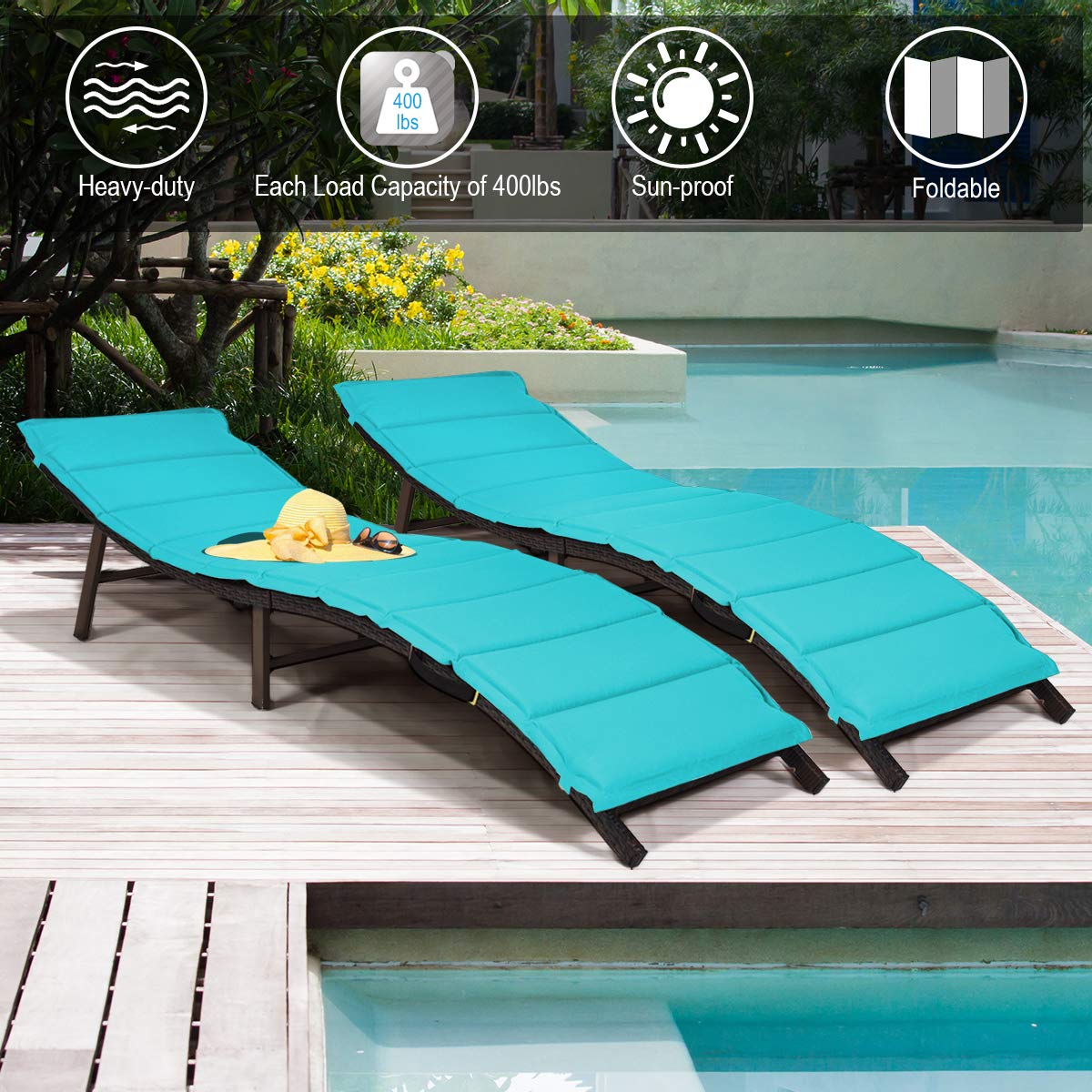 Tangkula Set of 2 Foldable Outdoor Patio Chaise Lounge Chairs with Double-Sided Cushions - Wicker Sunbeds for Poolside, Garden, Lawn, Backyard & Sunroom (Turquoise) - Perfect for Relaxing, Sunbathing and Outdoor Lounging