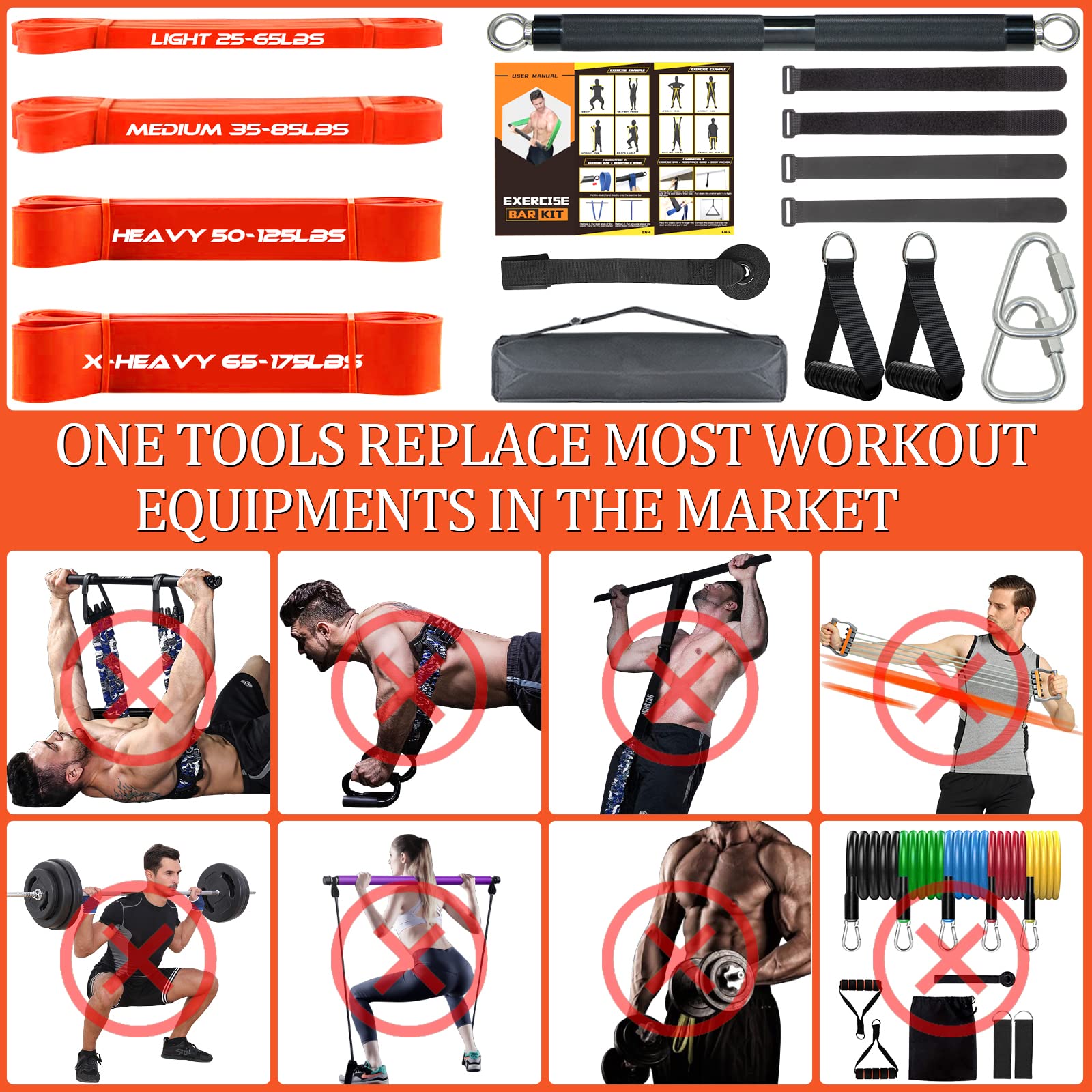 DASKING 500LBS Heavy Duty Resistance Band Bar Set with 4 Adjustable Stackable Bands - Portable Home Gym Equipment for Full Body Workout - Includes Exercise Guide - Perfect for Home Fitness, Strength Training & Muscle Building