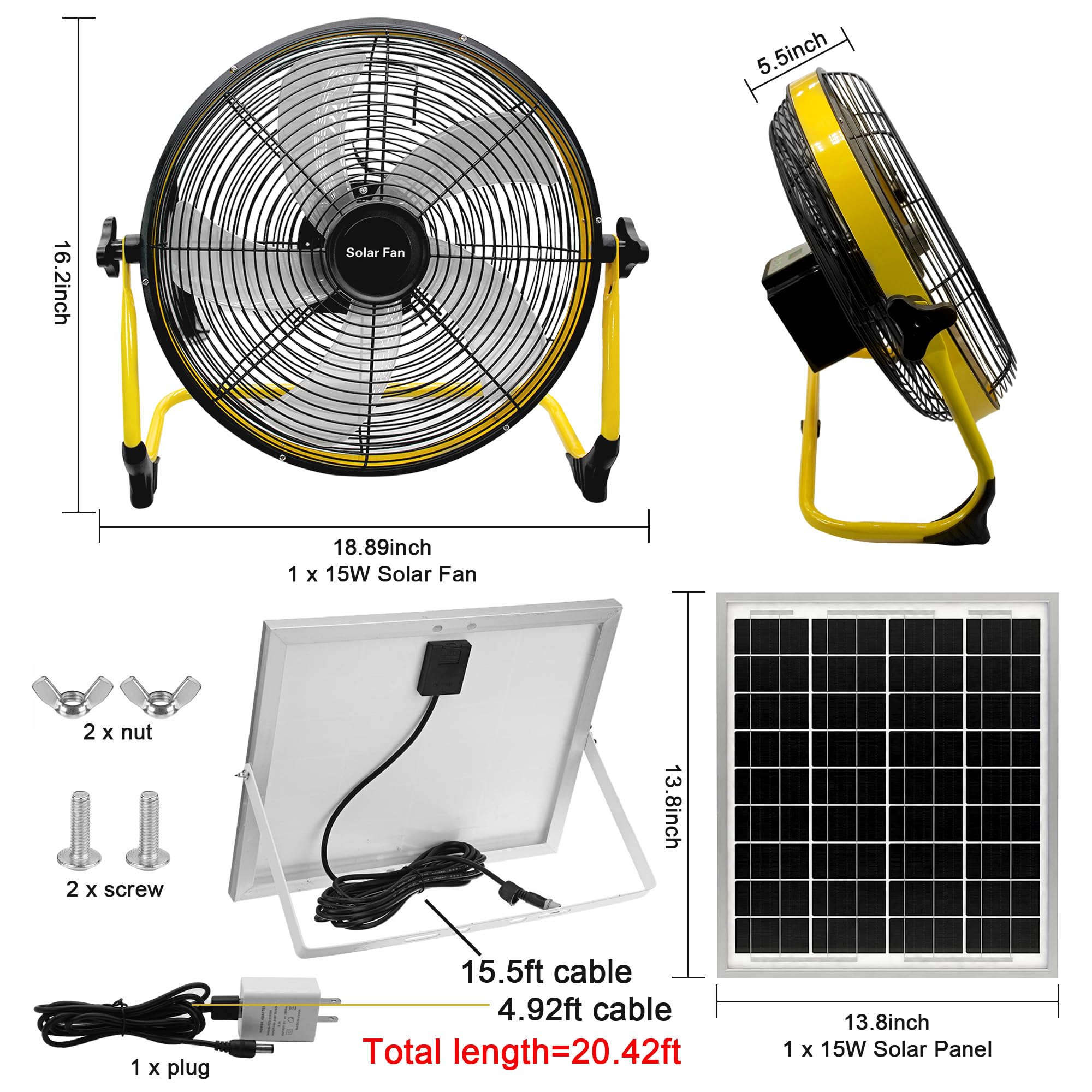 14 Inch Portable Rechargeable Fan with 15600mAh Battery & Solar Panel - 360° Adjustable Camping Fan for Outdoor, Travel, Chicken Coop, Dog House, Shed & Greenhouse - Perfect for Camping Trips, Backyard Cooling & Pet Comfort