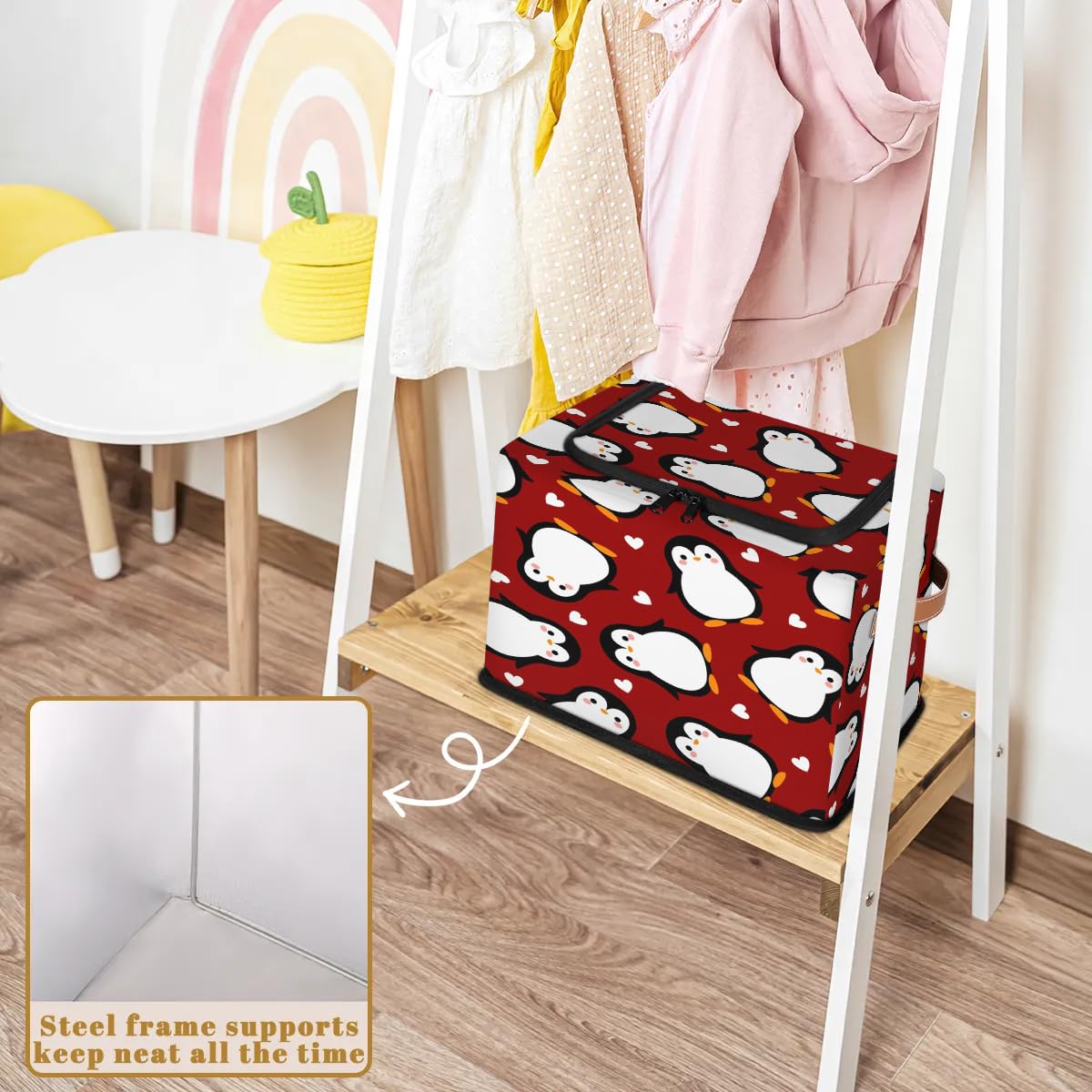 Cute Penguin Heart Cartoon Storage Bins with Zipper Lid - Foldable Fabric Storage Baskets for Clothes, Blankets & Toys - Collapsible Storage Box with Handles for Closet, Nursery & Home Organization