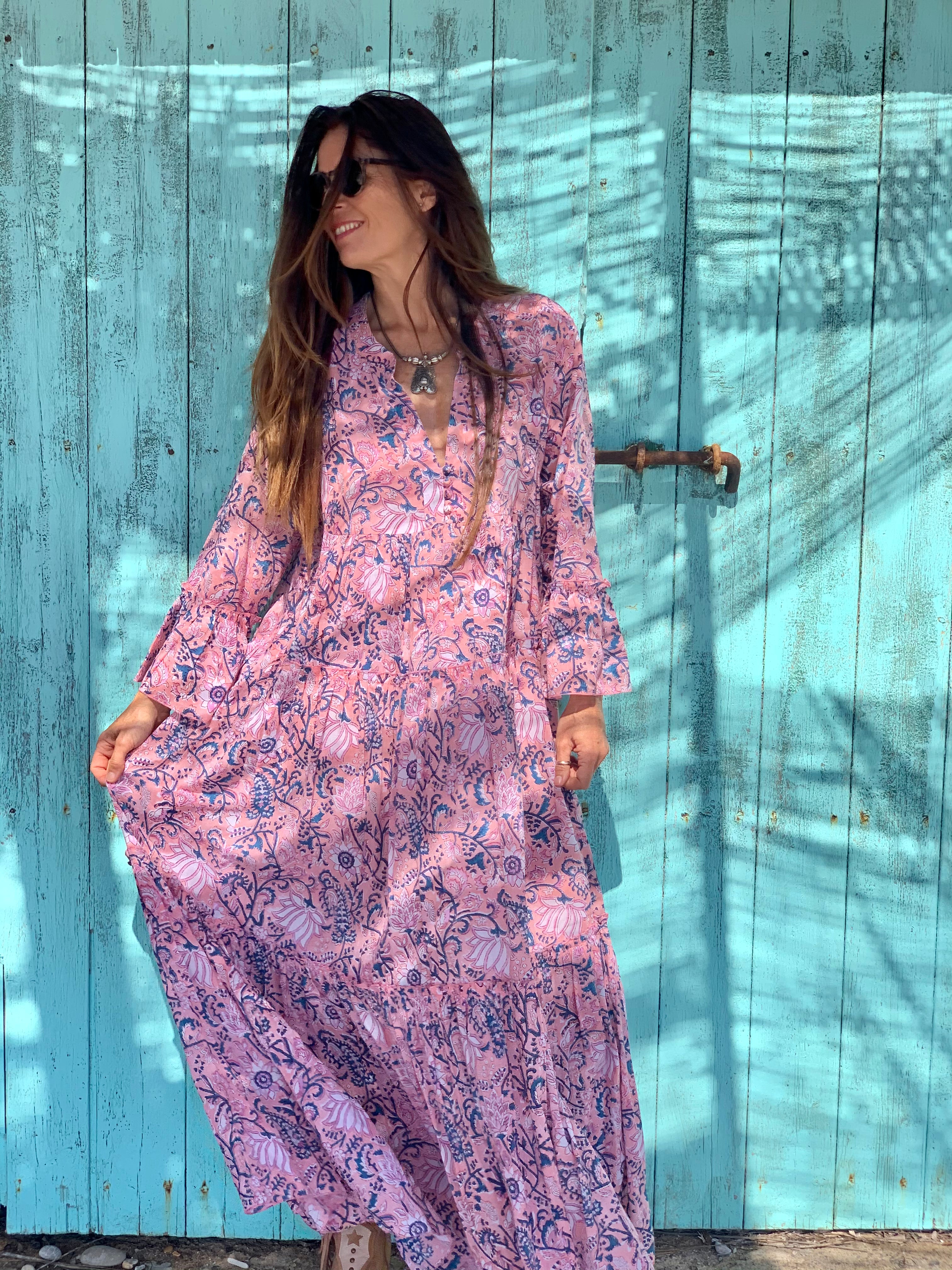 Elegant Long Rose Cotton Geo Dress - Flowy Boho Maxi Dress for Women, Perfect for Summer, Beach, and Casual Outings