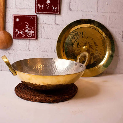 Premium Brass Kadai With Lid - Traditional Indian Cooking Pot for Biryani, Curry & Stews - Ideal for Home Kitchens & Restaurants