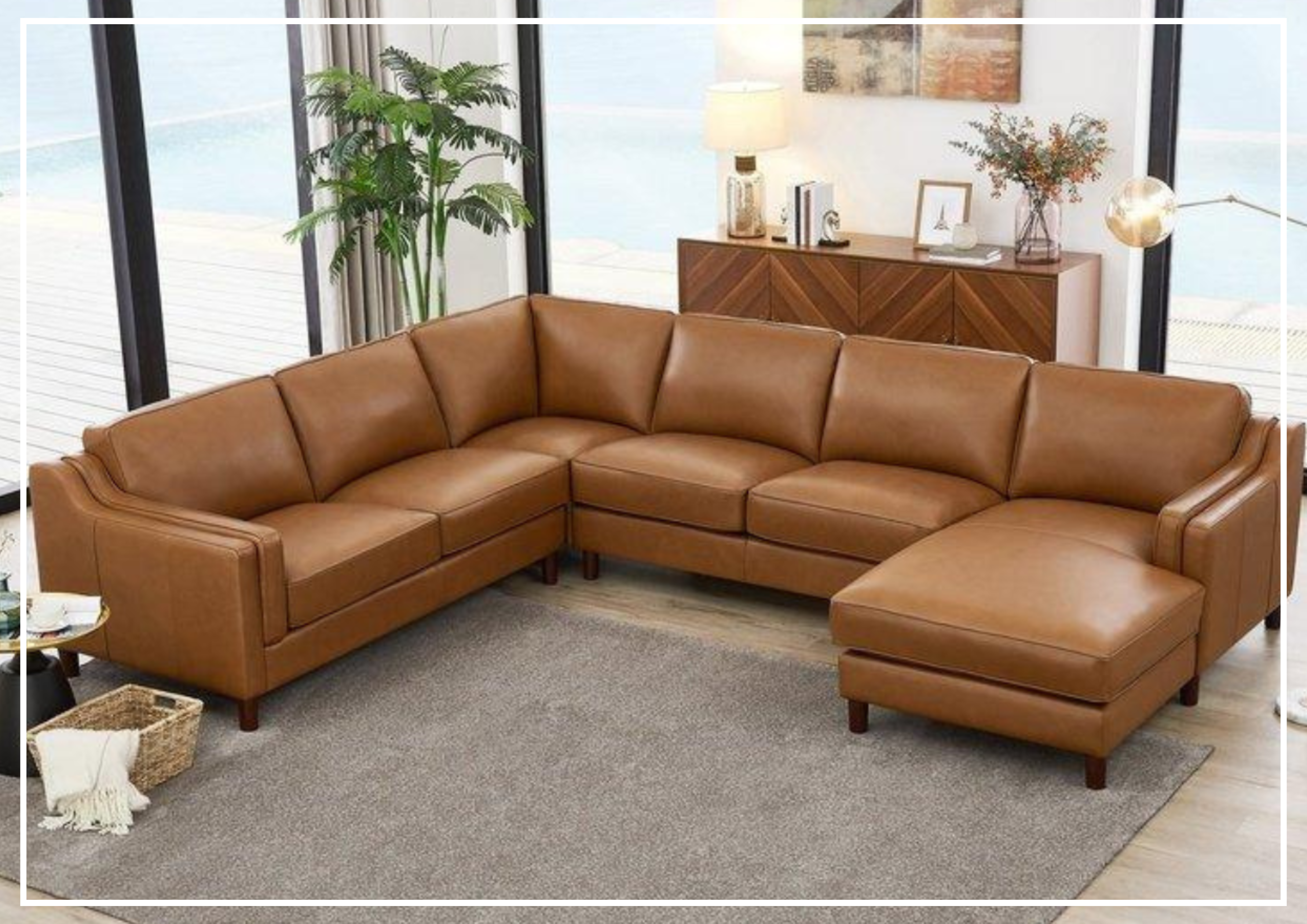 Hydeline Bella Brown Leather U-Shaped Sectional Sofa with Reversible Chaise - Modern L-Shaped Couch for Living Room, Family Room & Home Theater