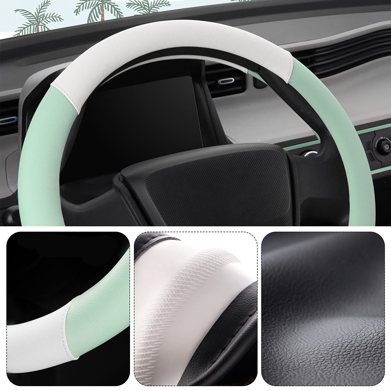 Ergocar D-Shaped Microfiber PU Leather Steering Wheel Cover - 15 Inch (38cm) Anti-Slip Breathable Car Accessory for Women, Soft Morandi Green Macaron Design - Perfect for Daily Commute, Road Trips & Gift Giving