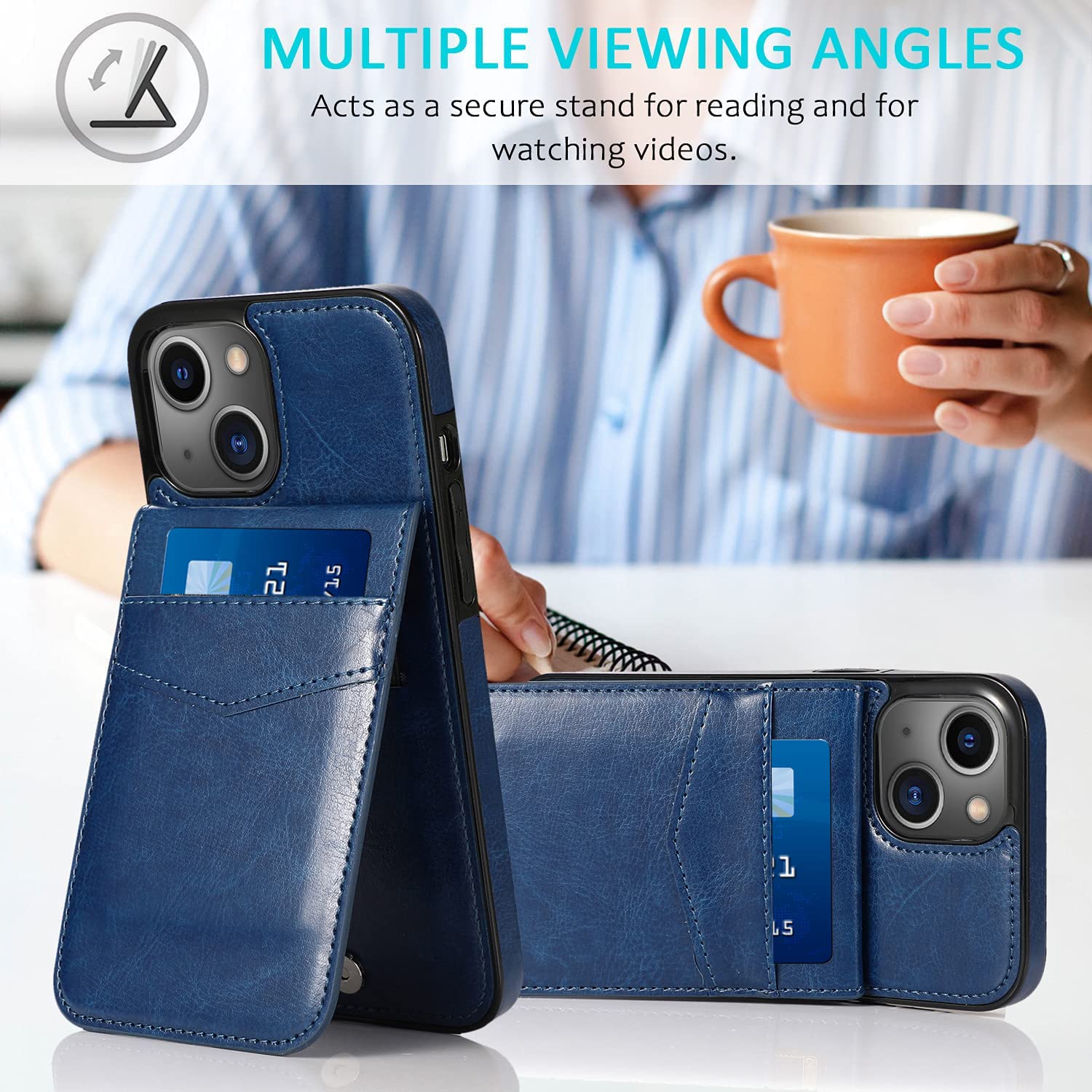 iPhone 14 Wallet Case with Credit Card Holder - PU Leather Slim Protective Cover for iPhone 14 (6.1 inch) - Blue - Perfect for Everyday Use, Travel & Business (Men & Women)