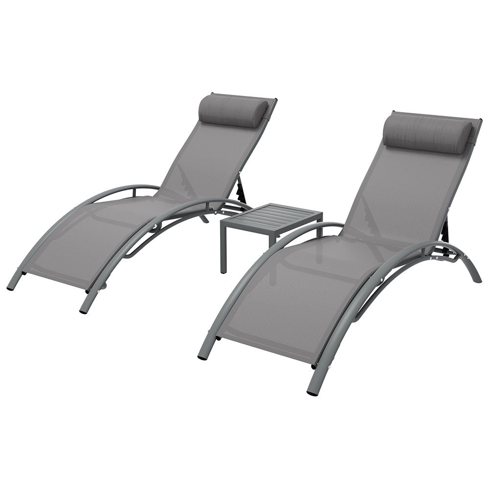 3-Piece Sun Lounge Outdoor Patio Set - Steel Frame Grey Chairs & Table for Backyard, Poolside, or Garden Relaxation