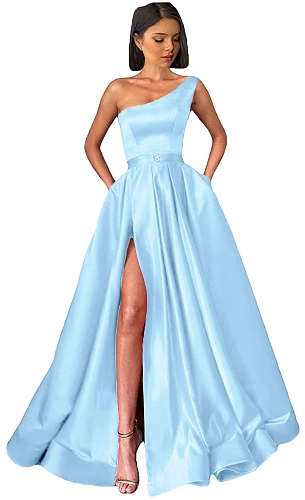 ANGELWARDROBE Women's Prom Dresses Long One Shoulder Formal Evening Gown - A-Line Satin Party Dress with Slit Pockets for Homecoming, Wedding, Cocktail Party & Special Occasions