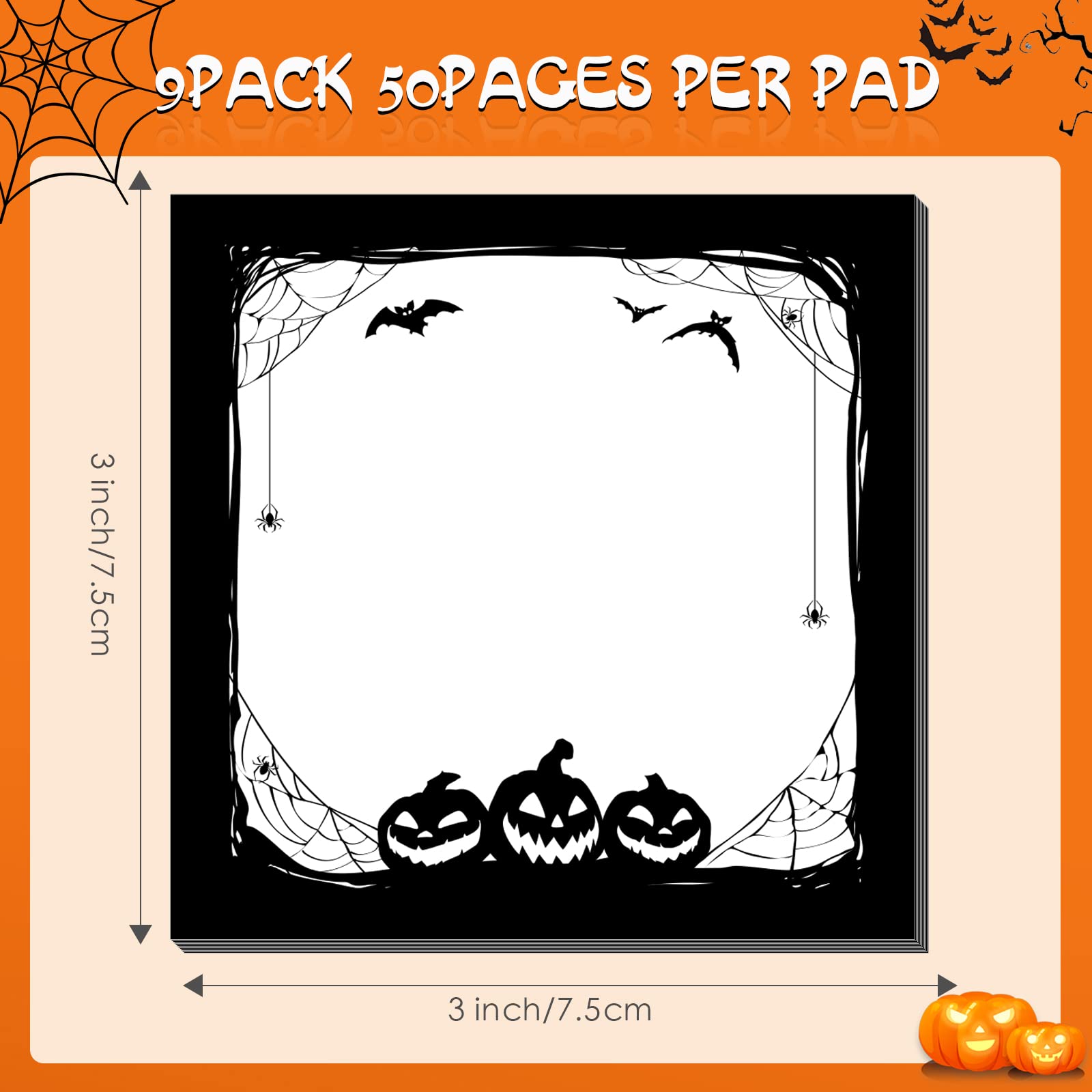 Halloween Sticky Notes - 450 Self-Adhesive Removable Note Pads with Spider, Pumpkin & Bat Designs for Work, Study & Office Organization - 3 Styles, 9 Pads (50 Sheets Each) - Perfect for Halloween Decor, School Supplies & Gift Giving