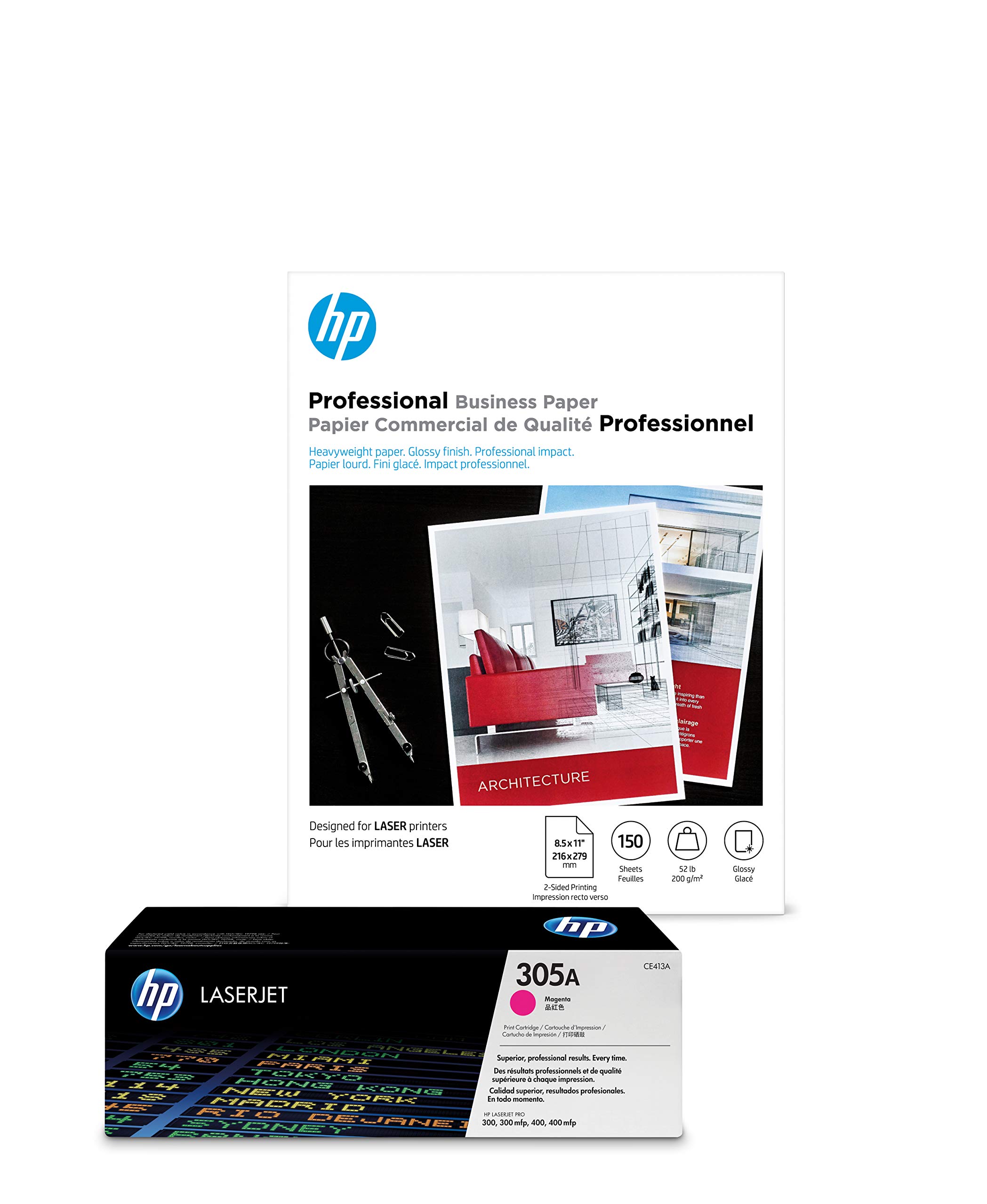 HP 305A Magenta Toner Cartridge & HP Brochure Paper - 8.5 x 11 Inches, 150 Sheets Glossy Laser Paper for Professional Printing | Ideal for Business Reports, Marketing Materials & Photo Projects