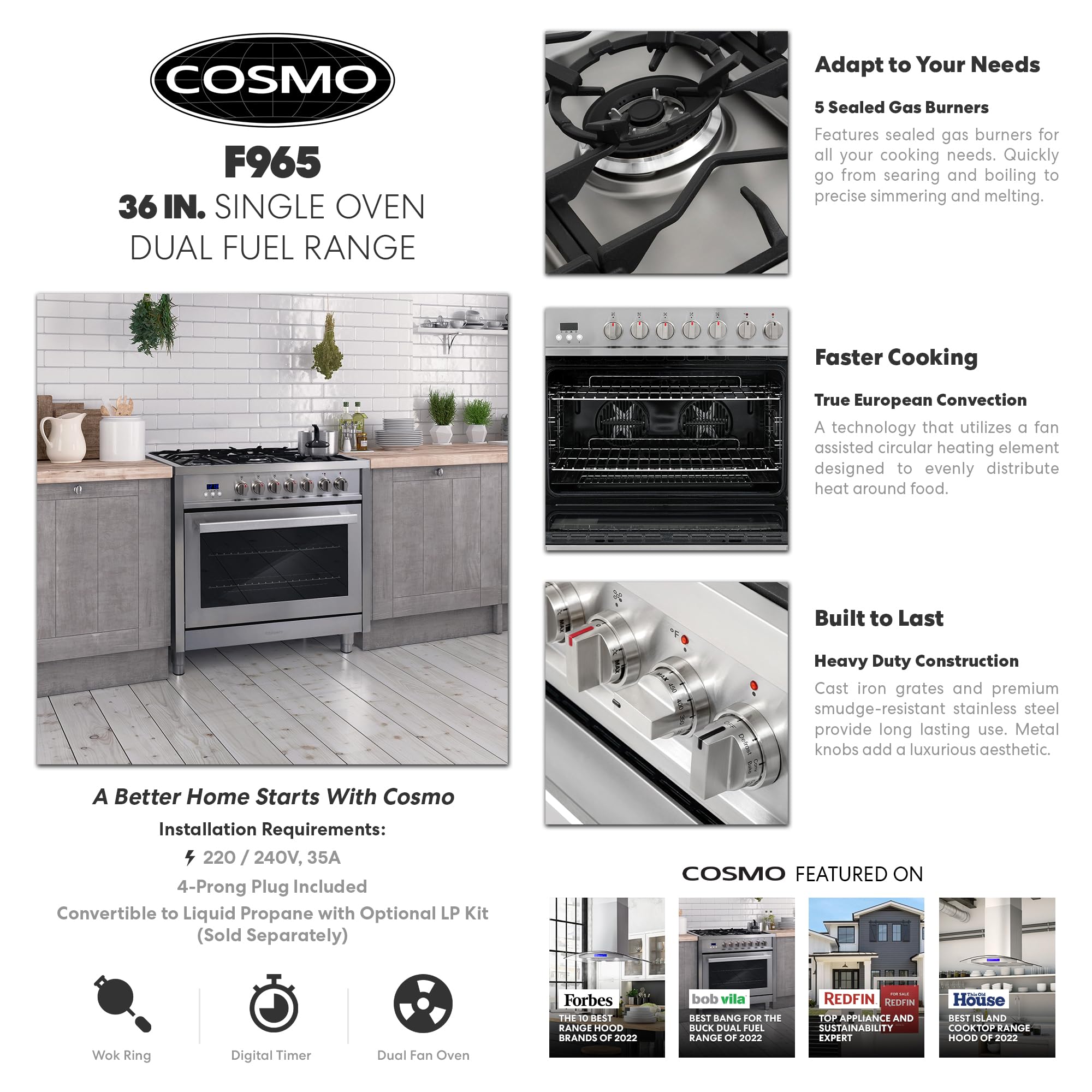 COSMO F965 36-inch Stainless Steel Dual Fuel Range - 3.8 cu. ft. Capacity, 5 Sealed Burners & 8-Function Convection Oven | Perfect for Home Chefs & Modern Kitchens