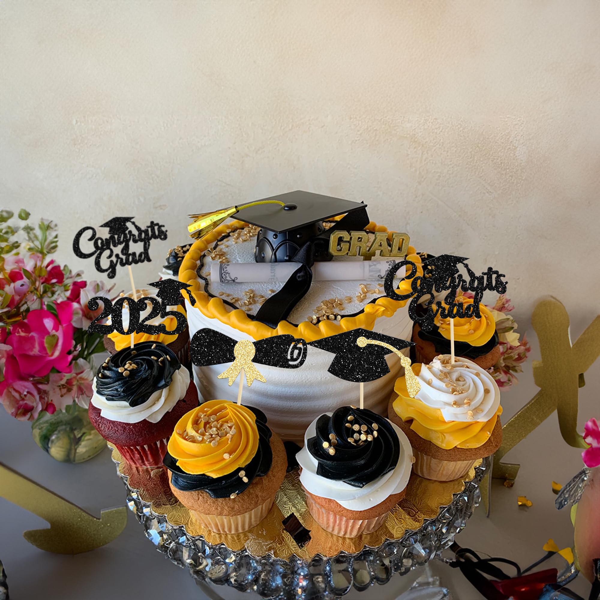 24Pcs Class of 2025 Graduation Cupcake Toppers - Gold Glitter Graduation Cap & Diploma Cake Decorations for 2025 Graduation Party, Birthday, School Celebrations