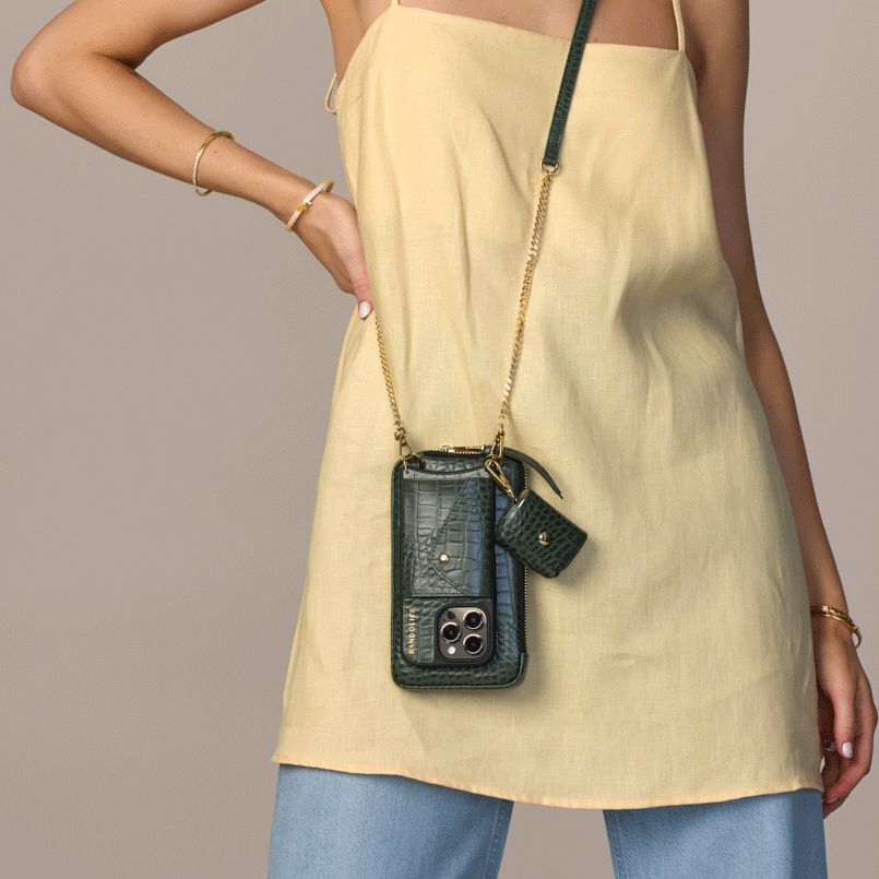 Vivian Essentials Set - Dark Green Croc/Gold Fashionable Handbag for Women | Perfect for Work, Travel and Everyday Use