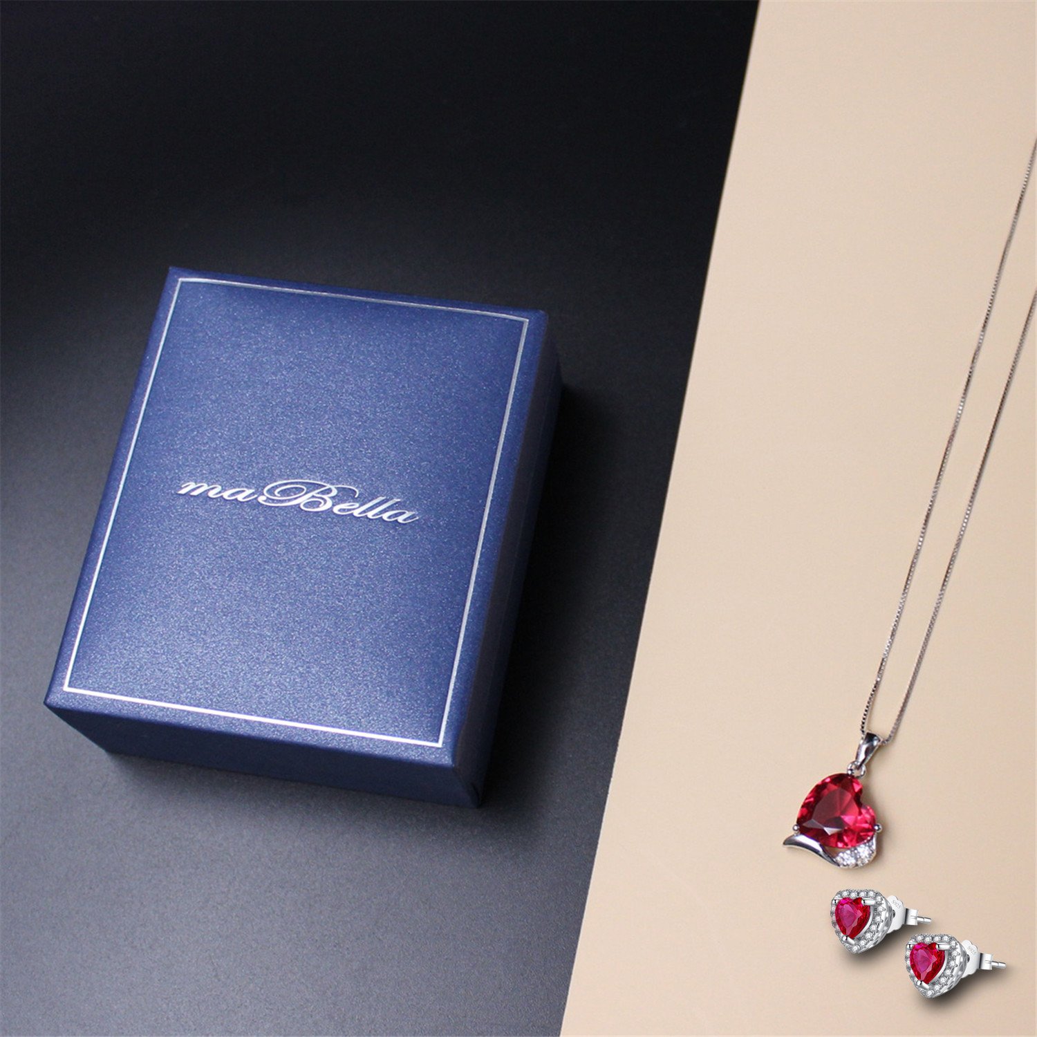 MABELLA Sterling Silver Jewelry Set with Simulated Ruby & Emerald - Elegant Pendant & Earrings Gift Set for Women | Perfect for Weddings, Anniversaries & Special Occasions