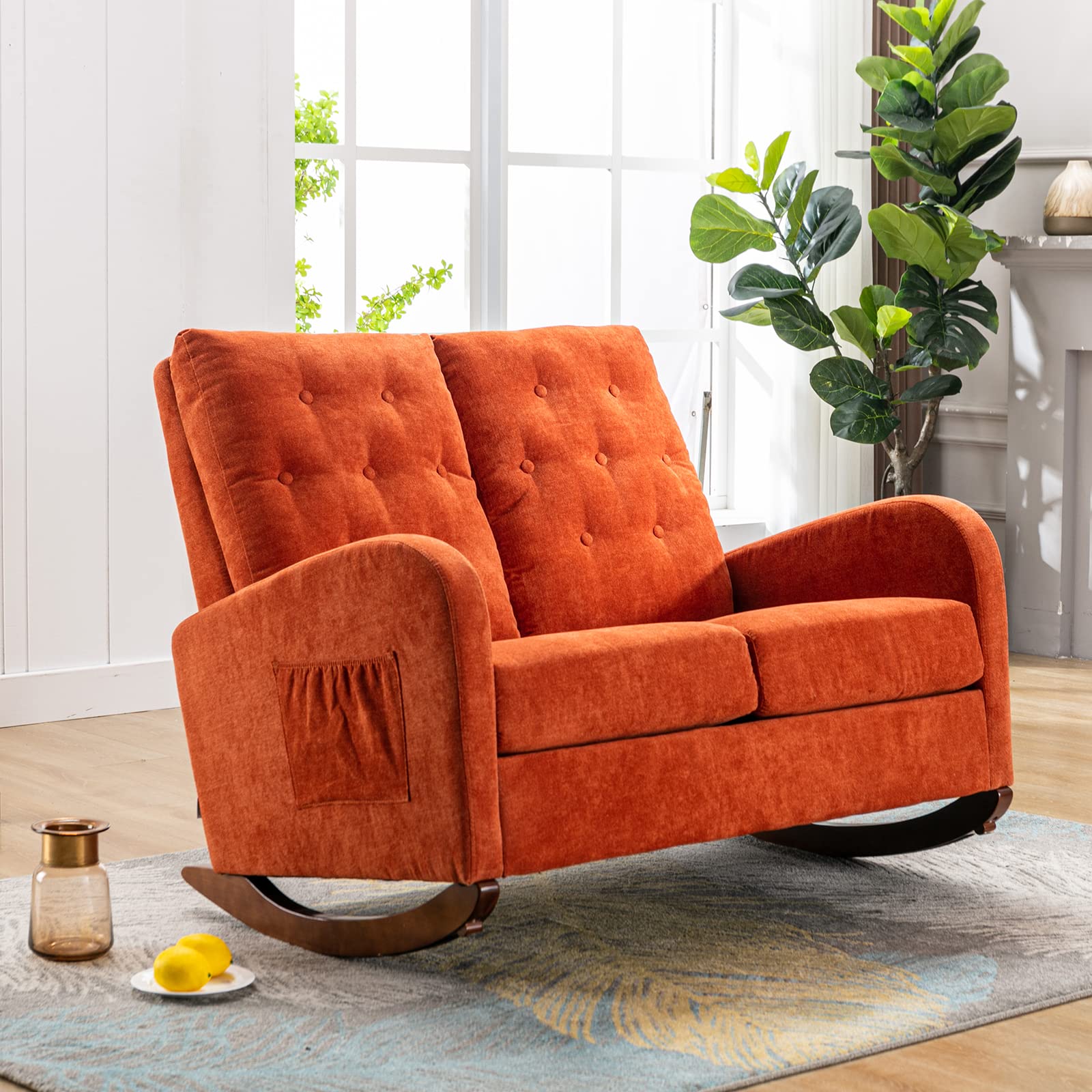 Modern Double Accent Rocking Chair - Upholstered Nursery Glider Rocker for Baby & Kids, Oversized Loveseat Rocking Armchair with High Backrest & Pocket - Perfect for Living Room, Bedroom, Nursery & Relaxation (Orange)