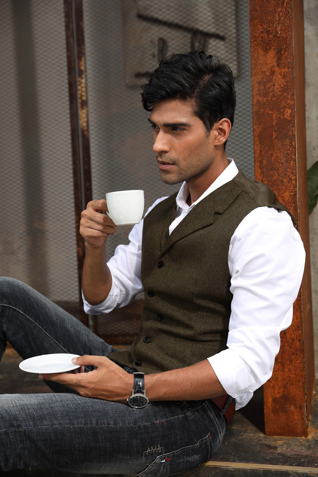 Men's Slim Fit Western Herringbone Suit Vest - Tweed Wool Blend Waistcoat for Formal Wear & Wedding Attire
