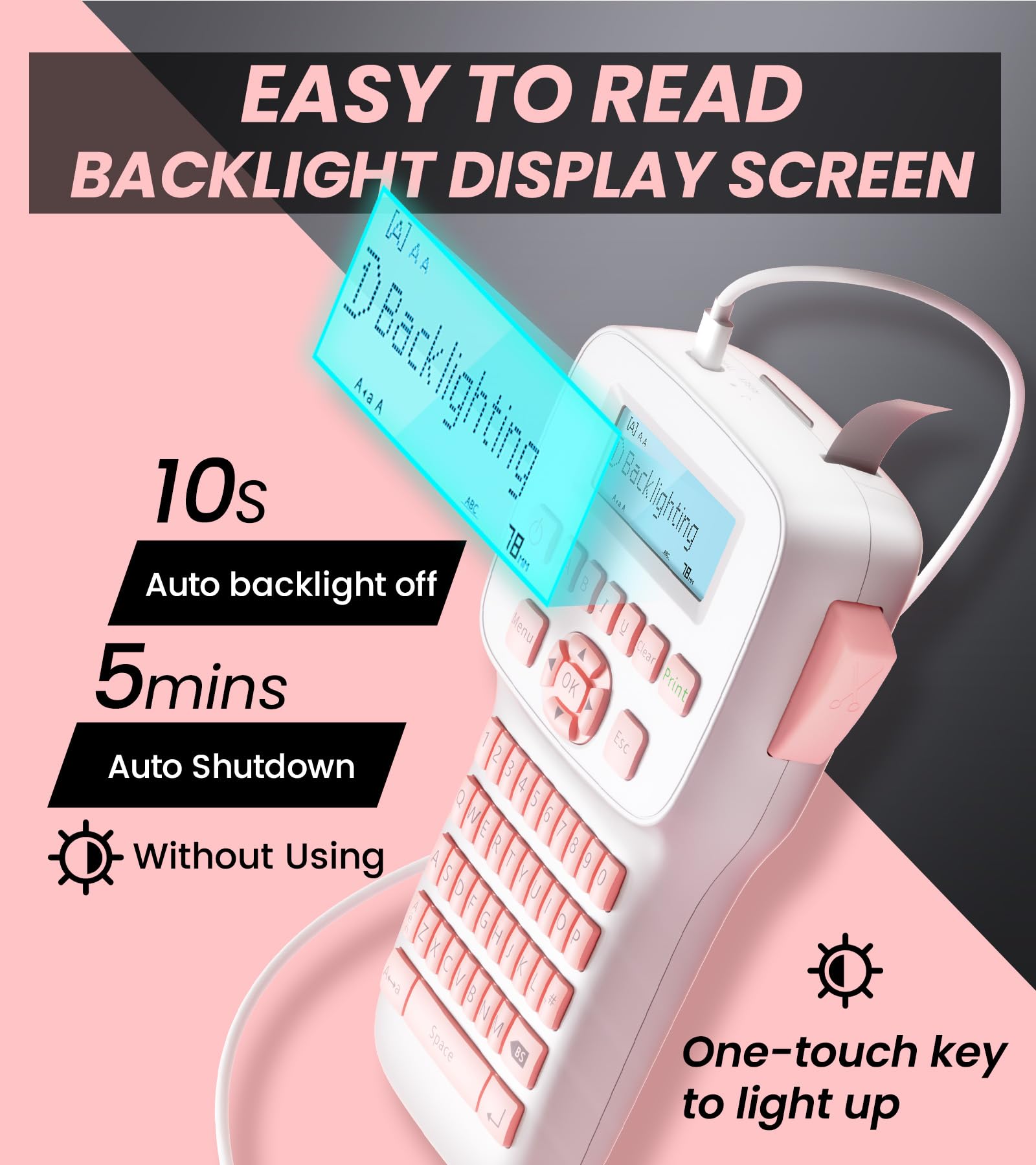 Rechargeable Bluetooth Label Maker with Keyboard - LM1600 Handheld Labeling Machine, Backlit Large Display, Portable Labeler for Home Office & School Organization (Pink) | Perfect for Organizing Files, Storage Boxes, and Office Supplies