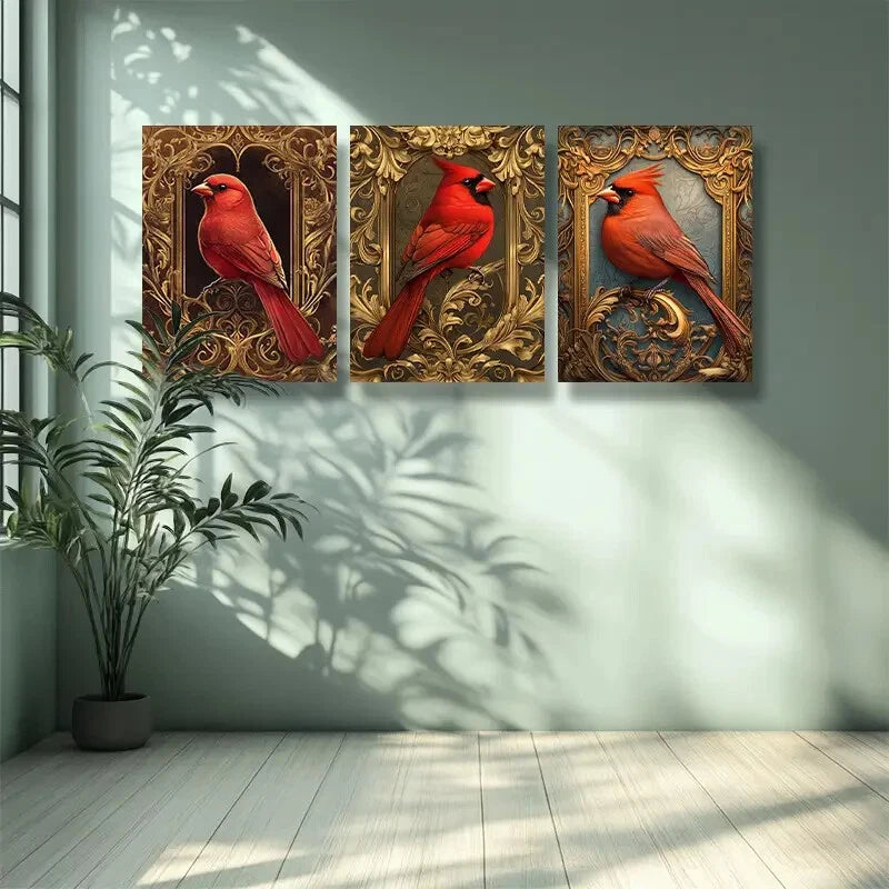 3-Piece Red Bird Art Painting Set - Framed Canvas Wall Decor 40x60cm - High Quality Print - 100% Australian Made - Ready to Hang - Perfect for Living Room, Bedroom & Office Decor