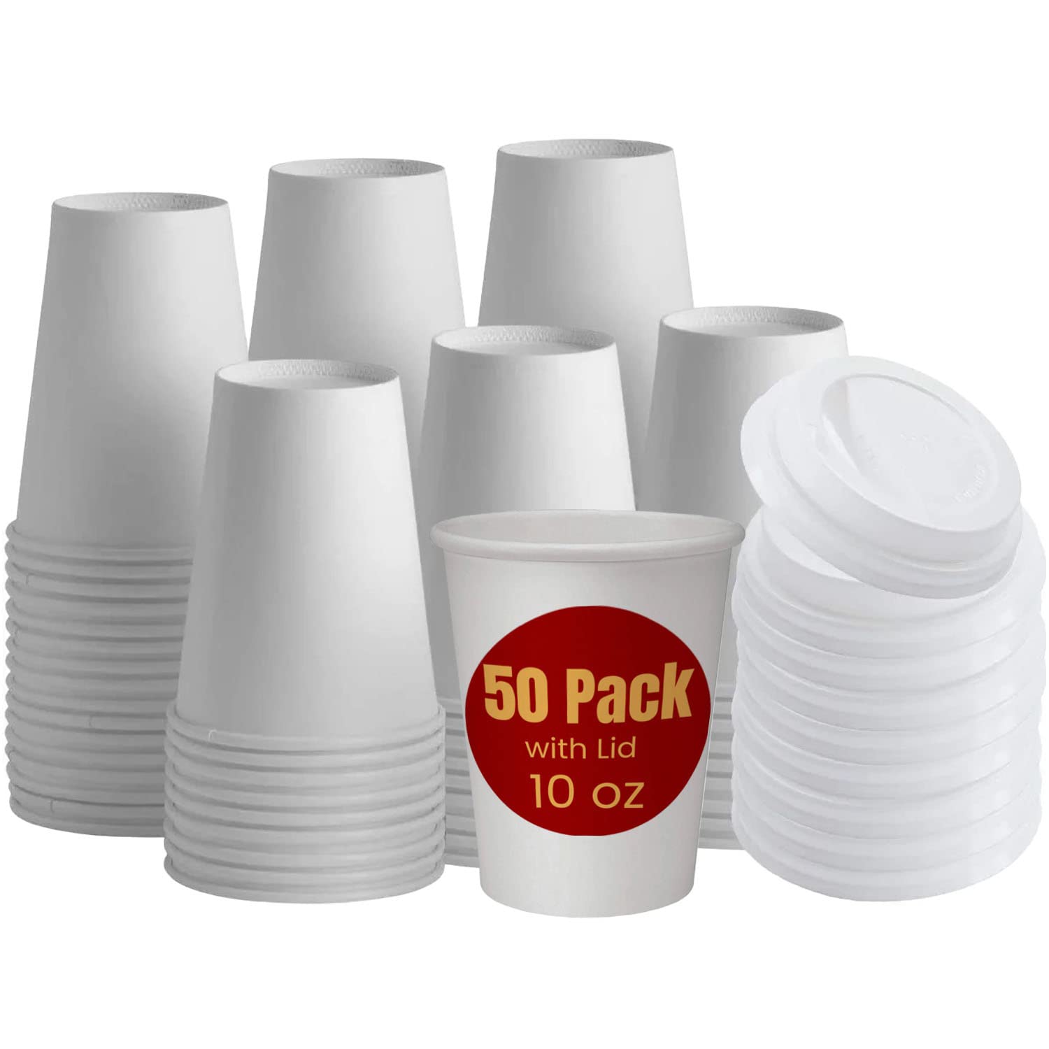 InTheHome 10 oz Disposable White Paper Coffee Cups with Lids - 50 Pack for Hot Drinks, Perfect for Office, Cafes, Parties & Takeout