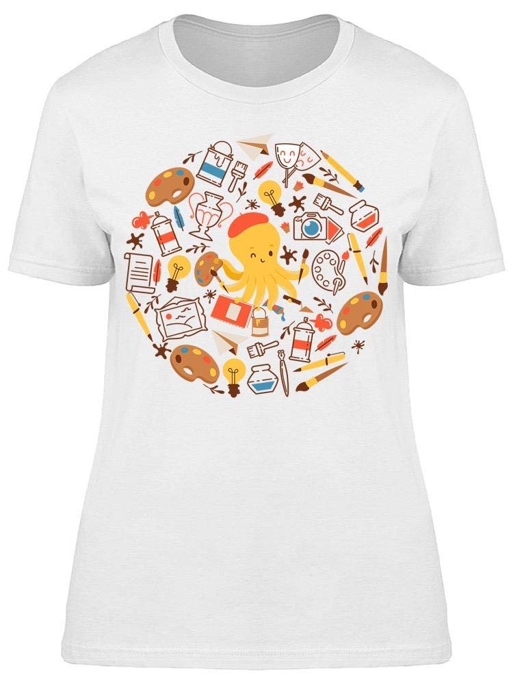 Women's Octopus with Art Supplies Graphic T-Shirt - Cute & Unique Casual Tee for Artists, Students & Creative Lovers - Perfect for Art Class, Painting Parties & Everyday Wear