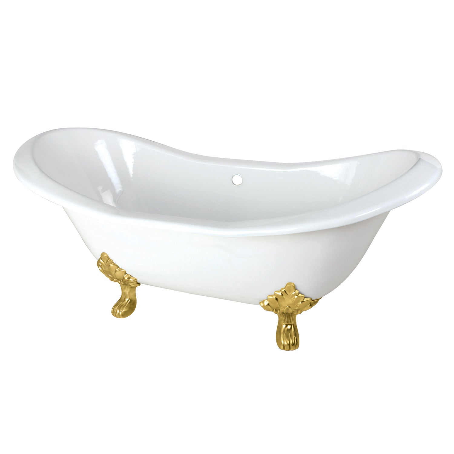 Aqua Eden 72 Inch White Cast Iron Oval Double Slipper Clawfoot Bathtub with Brushed Brass Feet - Freestanding Soaking Tub for Vintage Bathroom Decor & Luxury Spa Experience