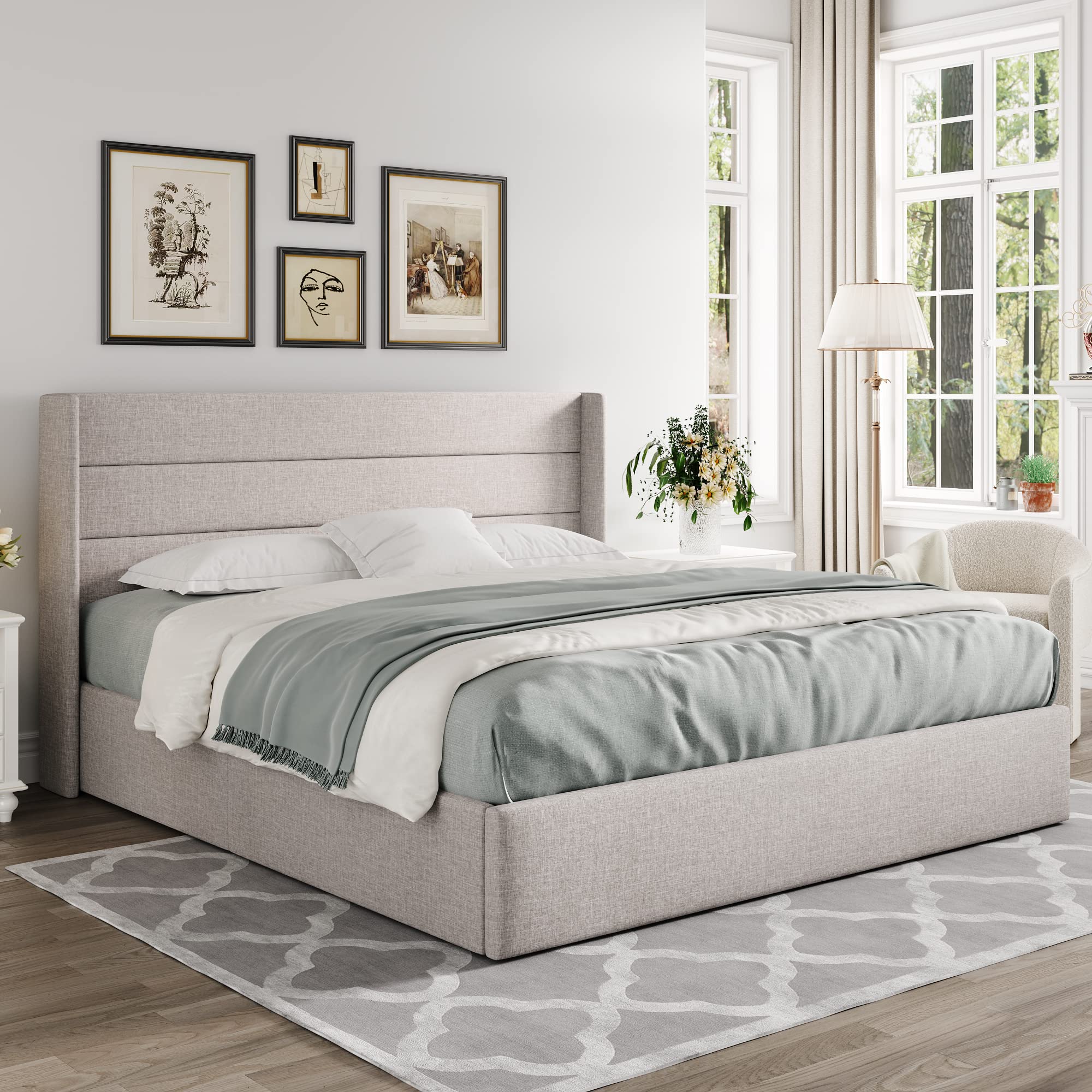 Allewie King Size Lift Up Storage Bed with Modern Wingback Headboard - Hydraulic Support, No Box Spring Needed, Light Beige - Perfect for Small Spaces & Bedroom Organization