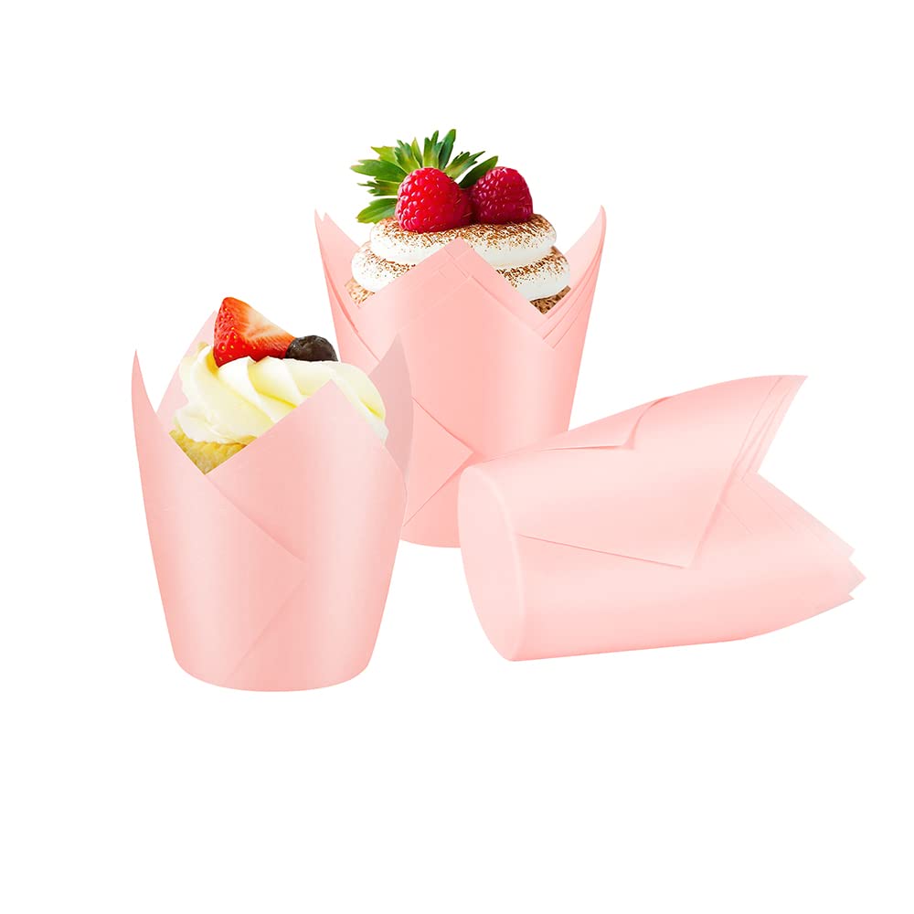 100 Count Pink Tulip Baking Cups - Standard Greaseproof Cupcake & Muffin Liners for Baking - Perfect for Weddings, Birthdays, Christmas, Baby Showers & All Celebrations - Ideal for Home Baking, Party Decorations & Holiday Treats