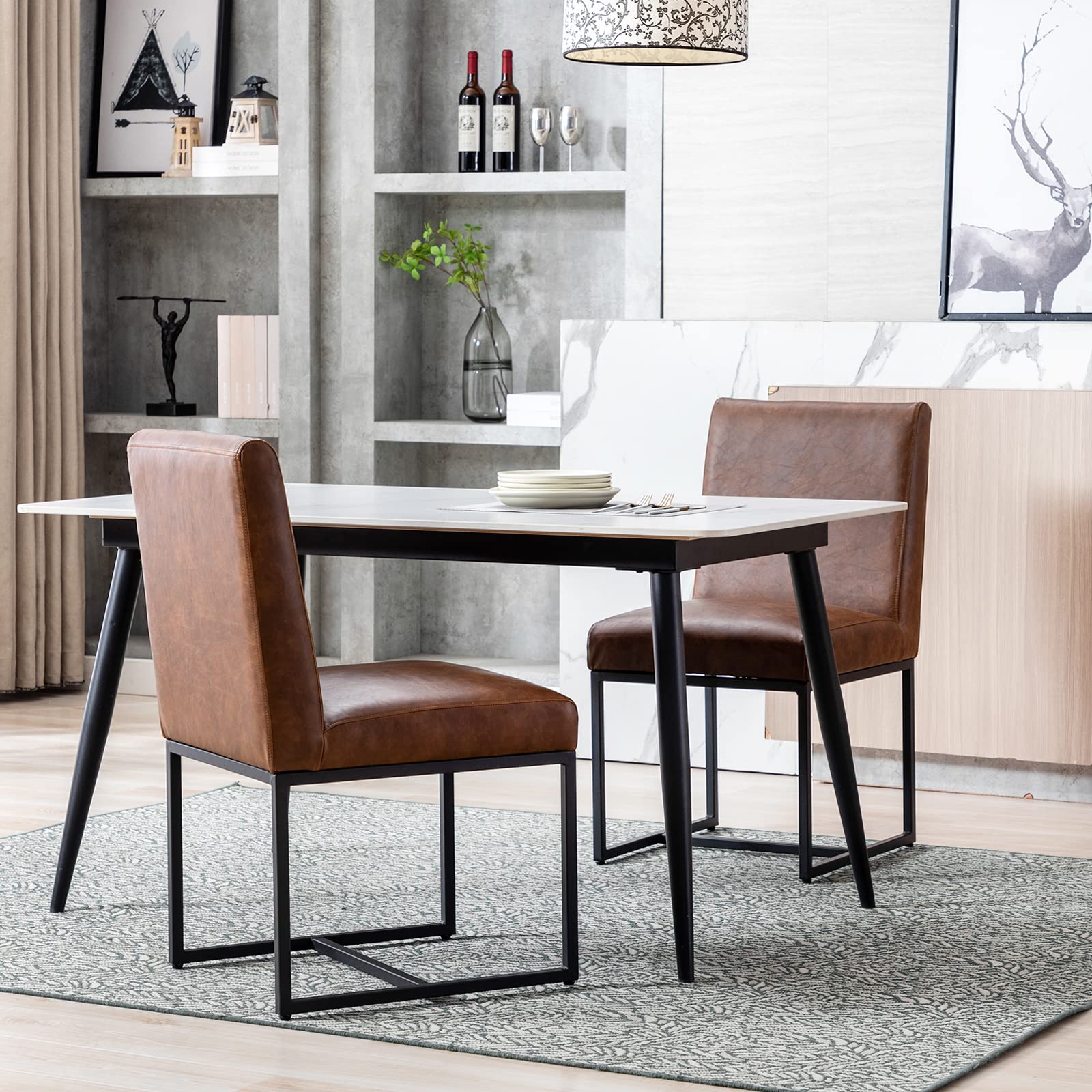 Modern PU Leather Kitchen Chairs Set of 2 - Brown Upholstered Dining Chairs with Black Metal Frame - Comfortable Side Chairs for Kitchen, Dining Room & Breakfast Nook