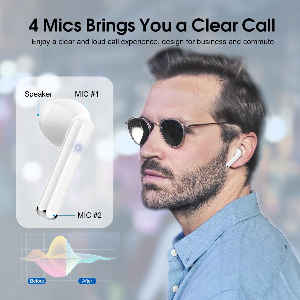 OYIB Wireless Earbuds Bluetooth 5.3 - HiFi Stereo Sound, ENC Noise Cancelling Mic, Touch Control, Type-C Charging, in-Ear Headphones (White/Blue) for Gym, Running, Workouts & Commuting